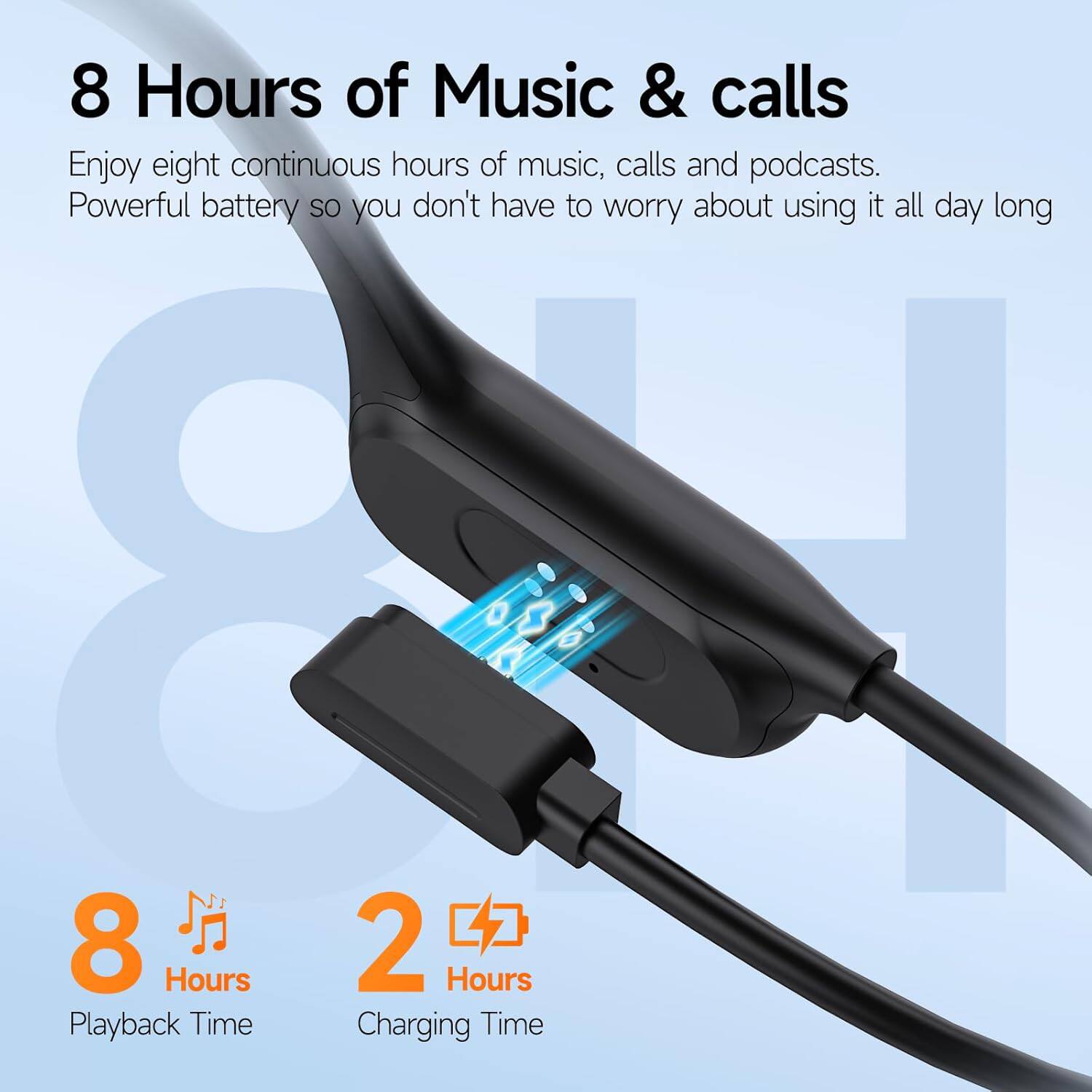 8 Hours of Music & calls

Enjoy eight continuous hours of music, calls and podcasts. Powerful battery so you don't have to worry about using it all day long

8 Hours
Playback Time

2 Hours
Charging Time
