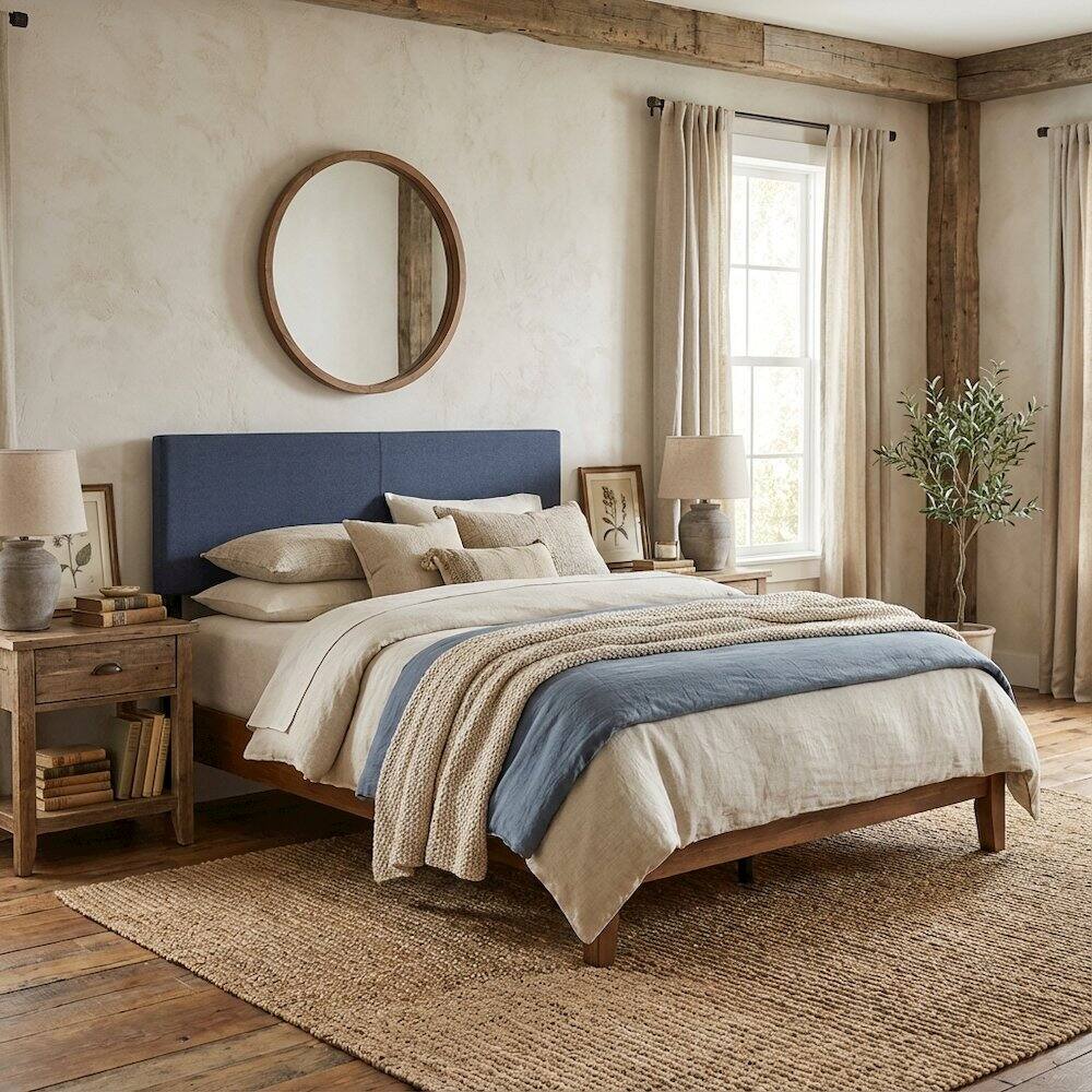 Angle. FurniFact - Blue Denim Upholstered King Headboard with Tufted Design for Bedroom - Blue Denim.