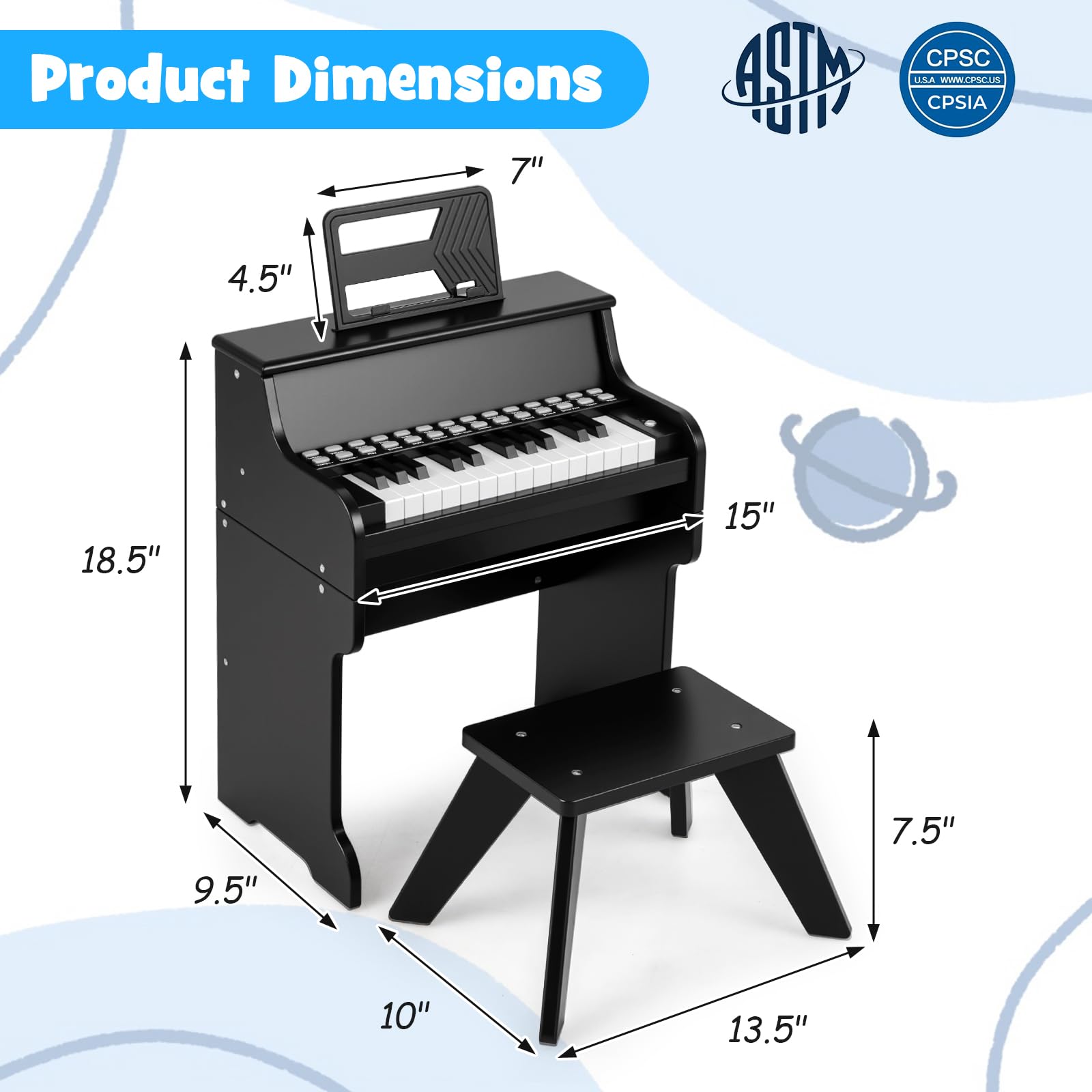 Product Dimensions  
ASM UII  
7"  
CPSC MLA  
WWW.CPSC.US  
CPSIA  
4.5"  
18.5"  
15"  
9.5"  
7.5"  
10"  
13.5"