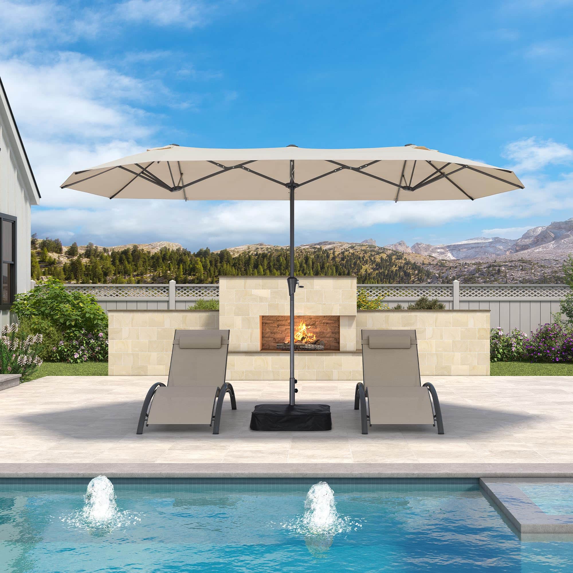 Front. PURPLE LEAF - 13 ft. Patio Market Umbrella with Base Double-Sided Outdoor Table Sun Umbrellas with Crank for Pool Beach Deck Backyard - Beige.
