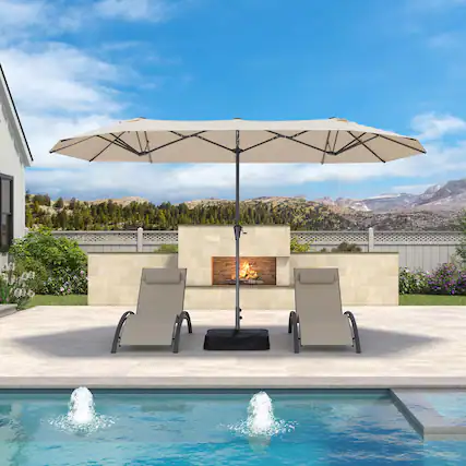 Front. PURPLE LEAF - 13 ft. Patio Market Umbrella with Base Double-Sided Outdoor Table Sun Umbrellas with Crank for Pool Beach Deck Backyard - Beige.