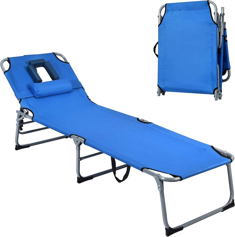 Pefilos - Patio Lounge Chair, Folding Chaise Lounge Chair with Face Hole for Beach- Cushion - Blue