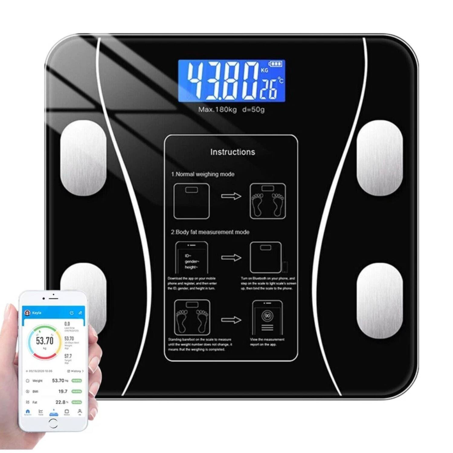 Sure, here is the corrected and grouped text:

---

**Scale Display:**
- 43.80 KG
- 26°C
- Max. 180kg d=50g

**Instructions:**
1. Normal weighing mode
2. Body fat measurement mode

**Body Fat Measurement Mode:**
- Gender
- Height
- Age
- Standing on the scale to measure until the weight number does not change, then the measurement is completed.

**App Display:**
- 53.70 KG
- 57.7 cm
- 19.7 BMI
- 22.8% Fat
- 0.8% Muscle
- 53.70% Water
- 06/06/2019 06:53
- Monday 2

---