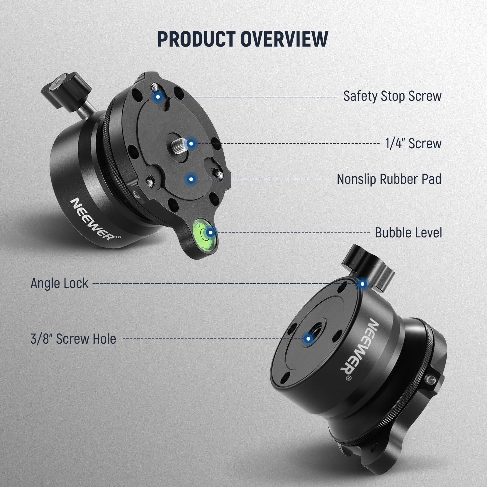 PRODUCT OVERVIEW

- Safety Stop Screw
- 1/4" Screw
- Nonslip Rubber Pad
- Bubble Level
- Angle Lock
- 3/8" Screw Hole