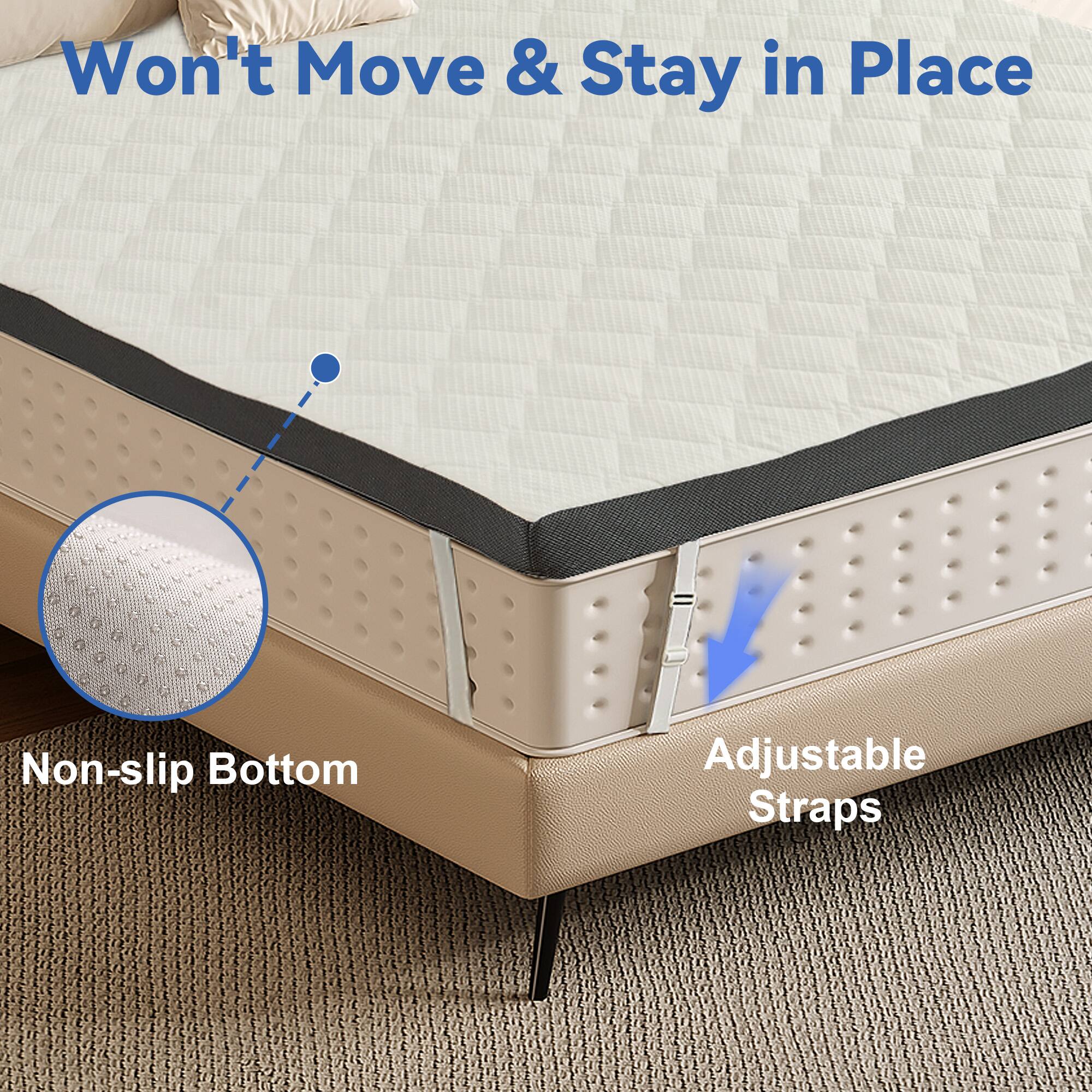 Won't Move & Stay in Place  
Non-slip Bottom  
Adjustable Straps