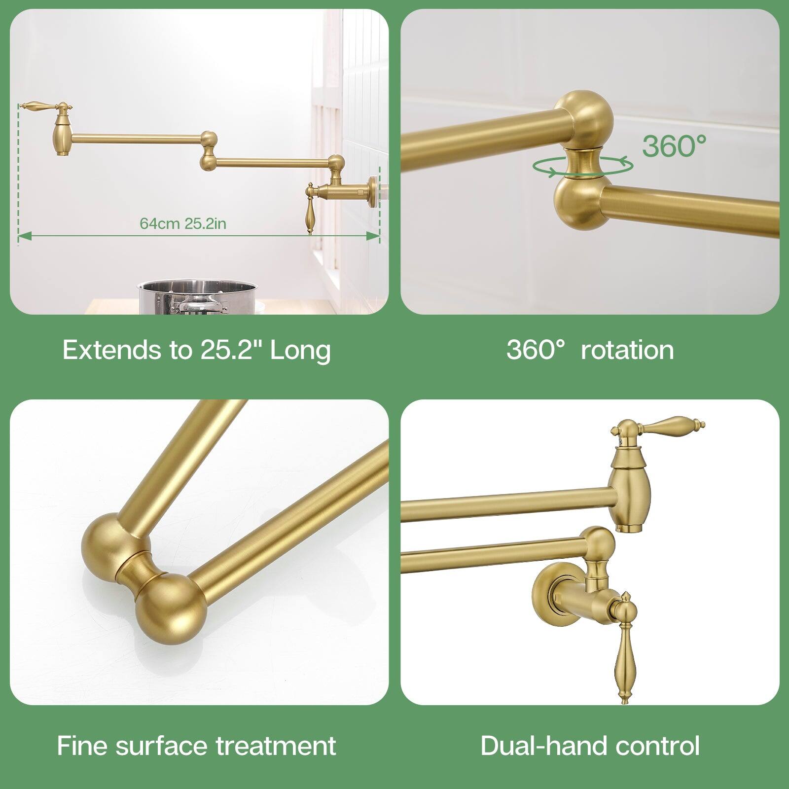 Extends to 25.2" Long, 64cm, 25.2in, 360° rotation, Fine surface treatment, Dual-hand control