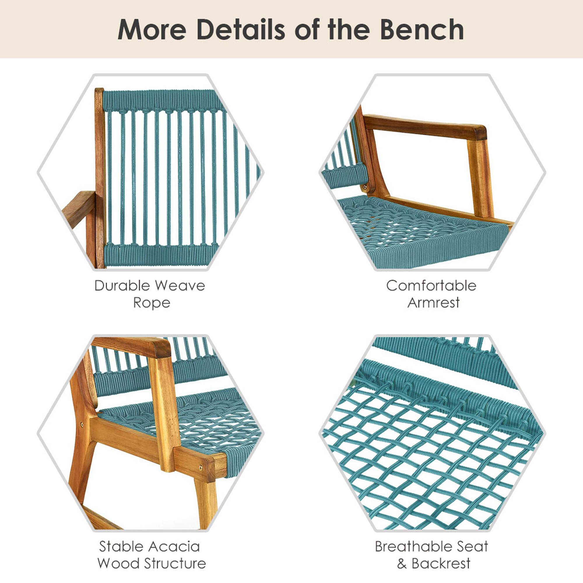 More Details of the Bench
Durable Weave Rope
Comfortable Armrest
Stable Acacia Wood Structure
Breathable Seat & Backrest
