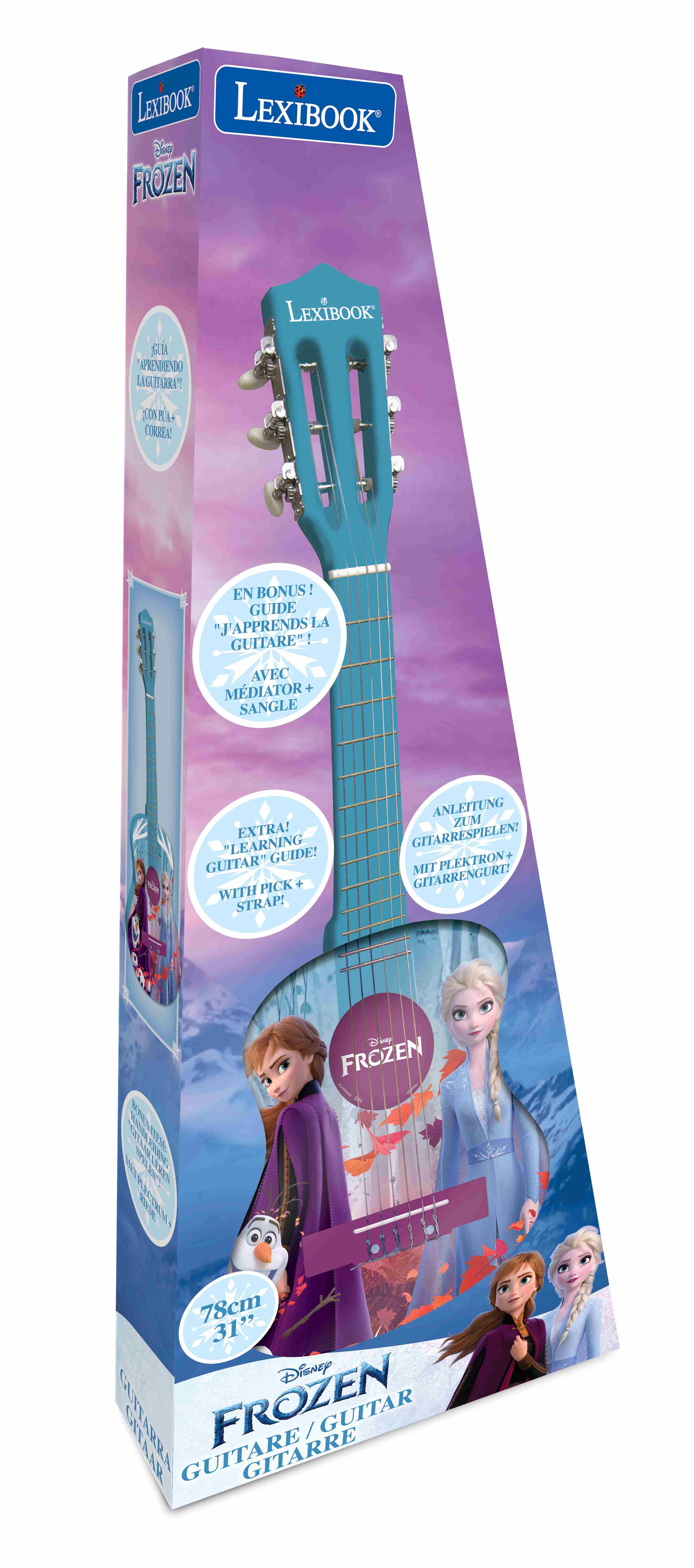 LEXIBOOK FROZEN  
LEXIBOOK  
APRENENOO LIGITURAT 20 CUNDEA EN BONUS!  
GUIDE "J'APPRENDS LA GUITARE"!  
AVEC MDIATOR+ SANGLE EXTRA!  
LEARNING GUIDE!  
GUITAR WITH PICK STRAP!  
ANLETTUNG ZUM GITARRESPIELEN!  
MIT PLEKTRON GITARRENGURT!  

FROZEN  
78cm 31"  
Disney  
FROZEN GUITARE / GUITARRE