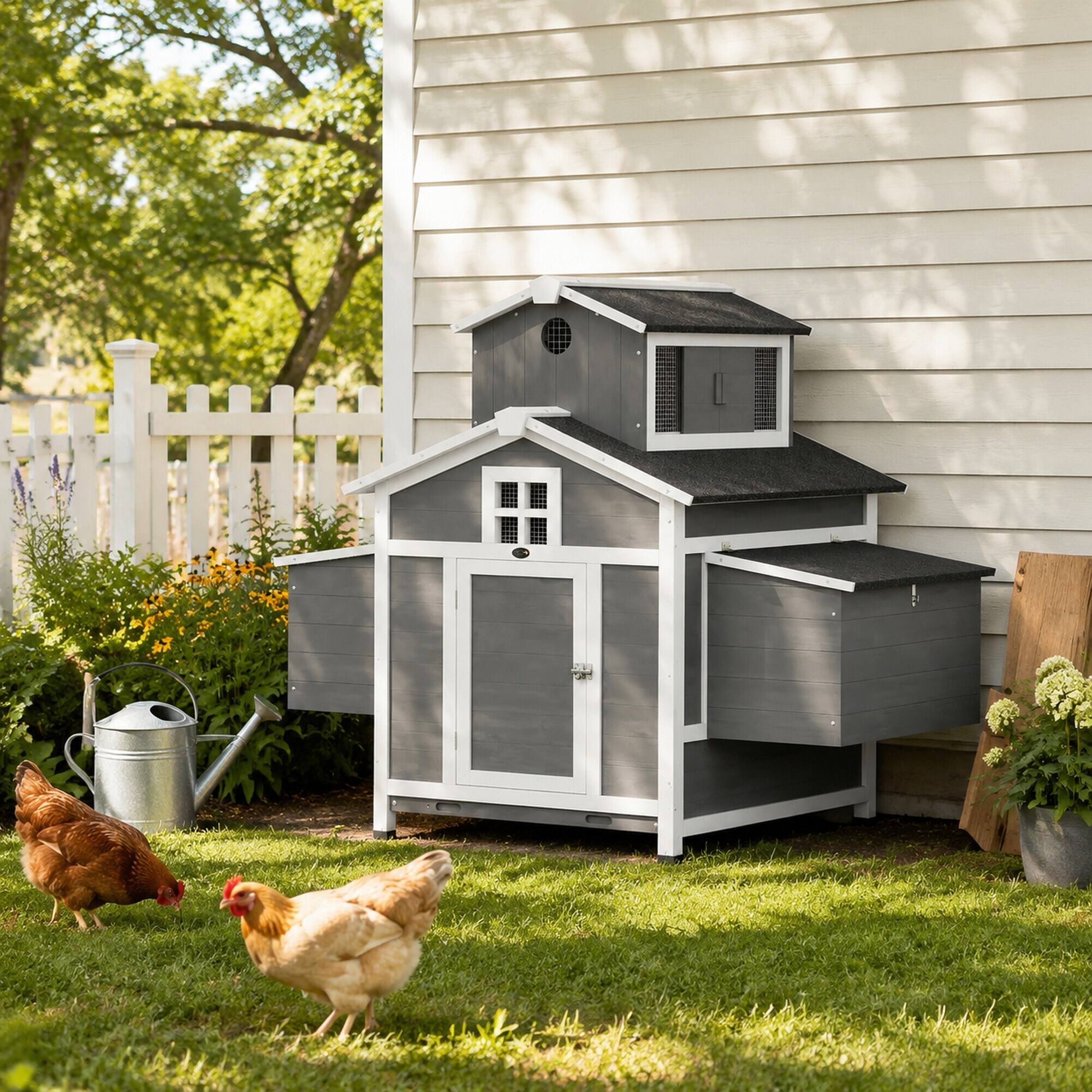 Alt View 1. RYHNUYNE - Wooden Chicken Coop for 2 Hens, Fir Wood, Wire Mesh, 53.1 in L x 37 in W x 43.9 in H, Gray and White.