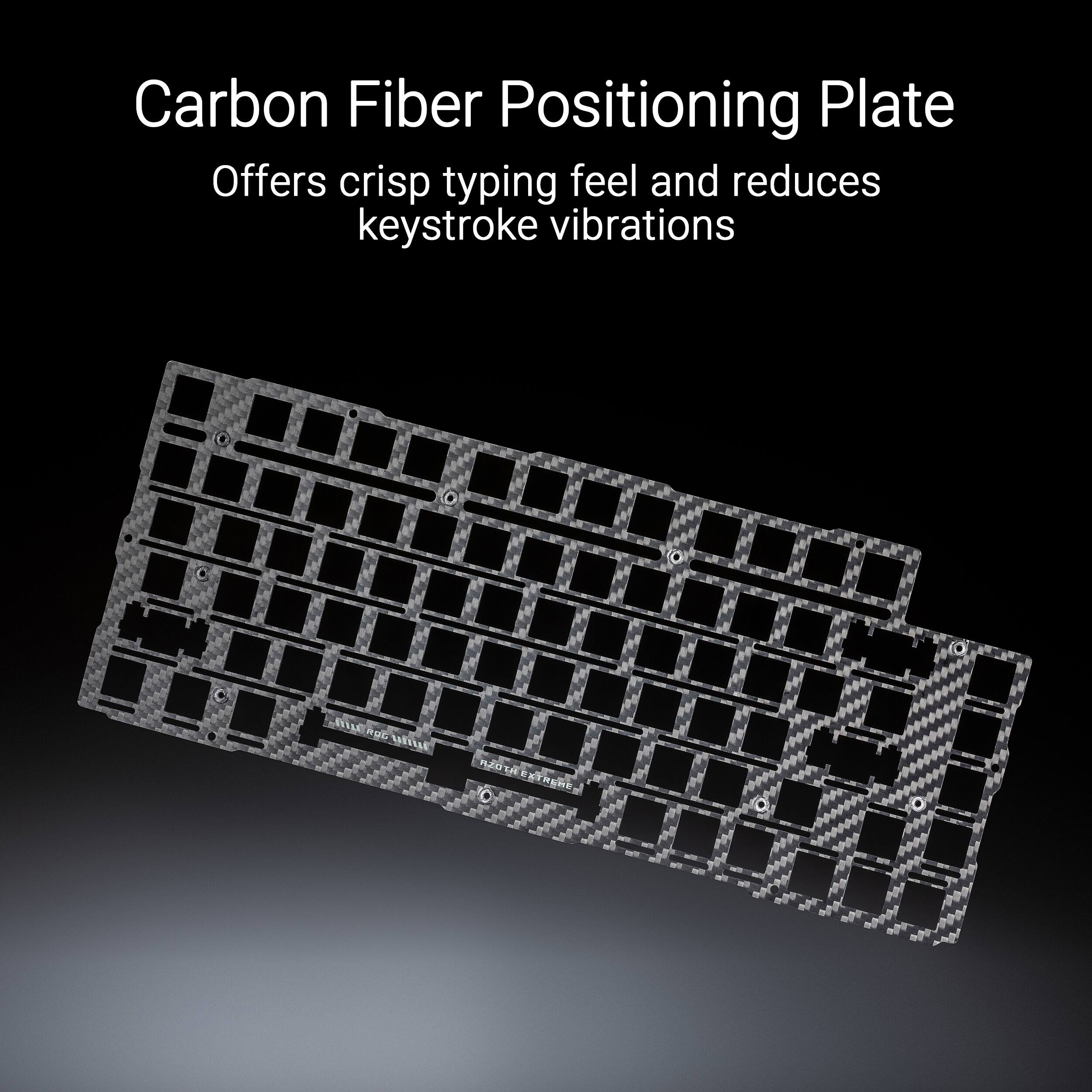 The text on the image reads: "Carbon Fiber Positioning Plate offers crisp typing feel and reduces keystroke vibrations."