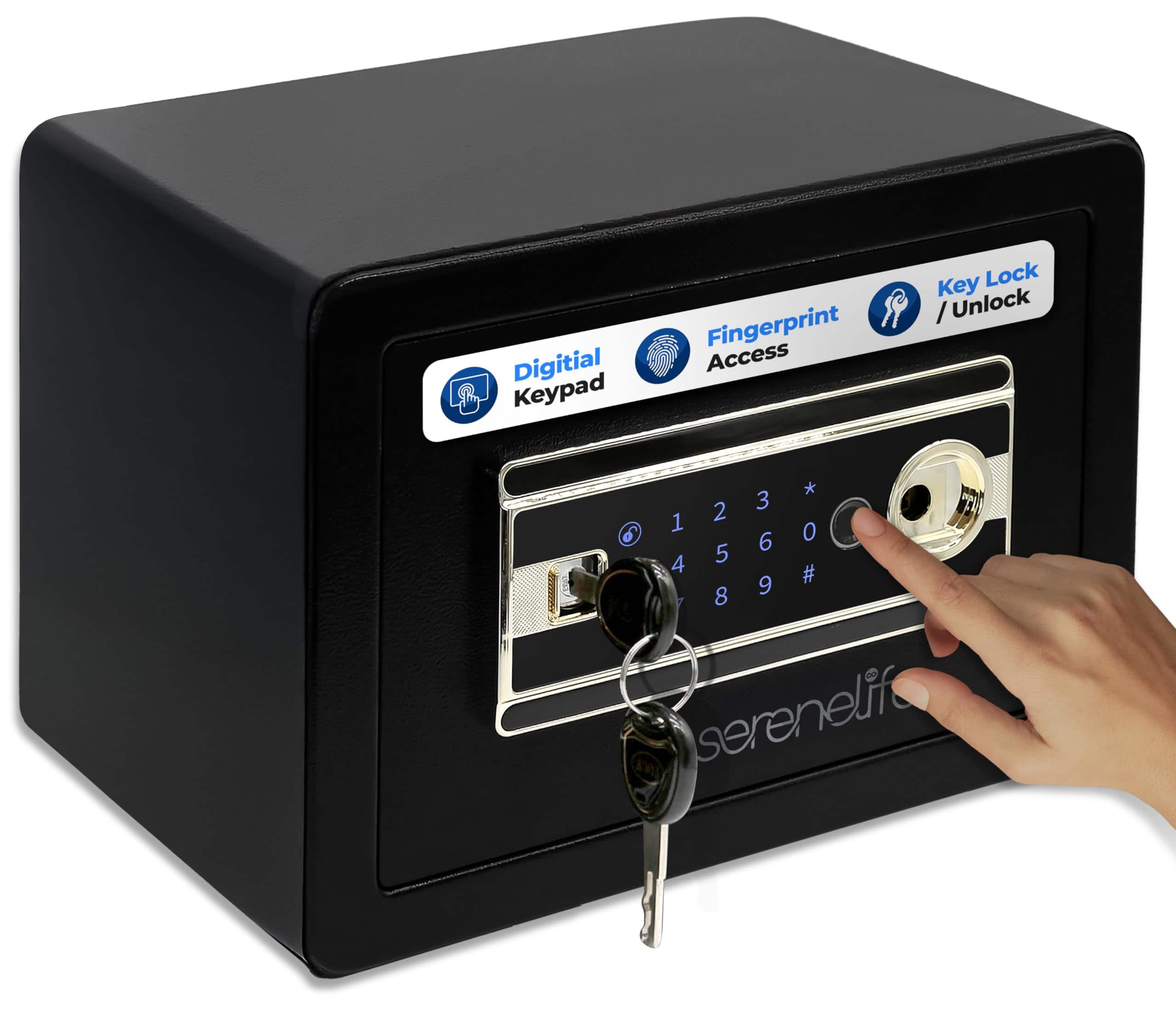 SereneLife - Fingerprint Safe 0.63 Cu Ft, Electronic Access, Touchscreen Keypad, Includes 4 Keys – SLSVP25EUG - Black