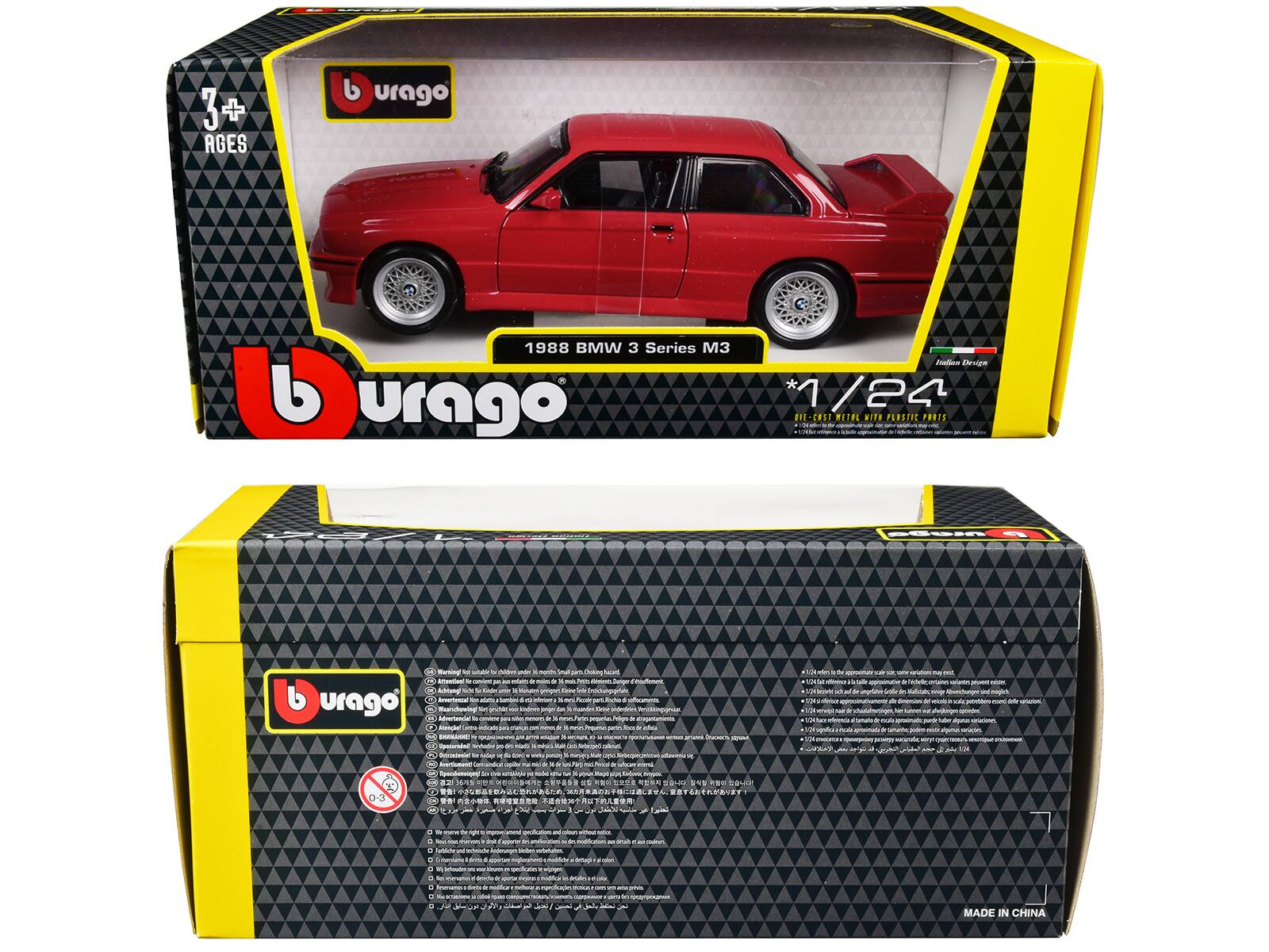 3+ AGES  
burago  
1988 BMW 3 Series M3  
*1/24  
BVE-CHSE WETP  
WITH PERSTDE - PARDE - Meraing - Ana - berger Atung - O - 10 - MUstaL - Prko - Bompke PALe - seeS foE d A - grl - TM - i. - salntn - sud - Ank  
MADE IN CHINA
