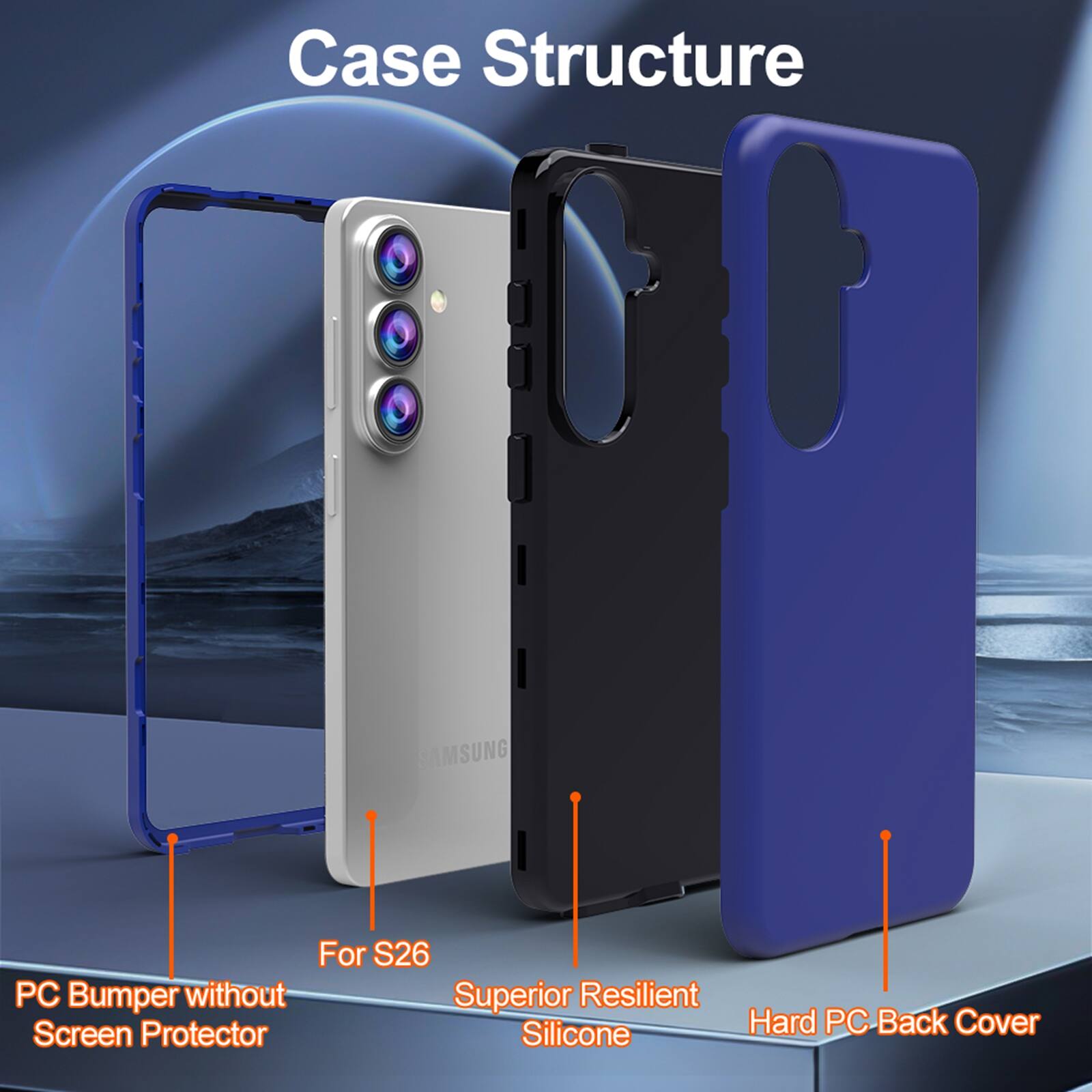Case Structure

- For S26
- PC Bumper without Screen Protector
- Superior Resilient Silicone
- Hard PC Back Cover