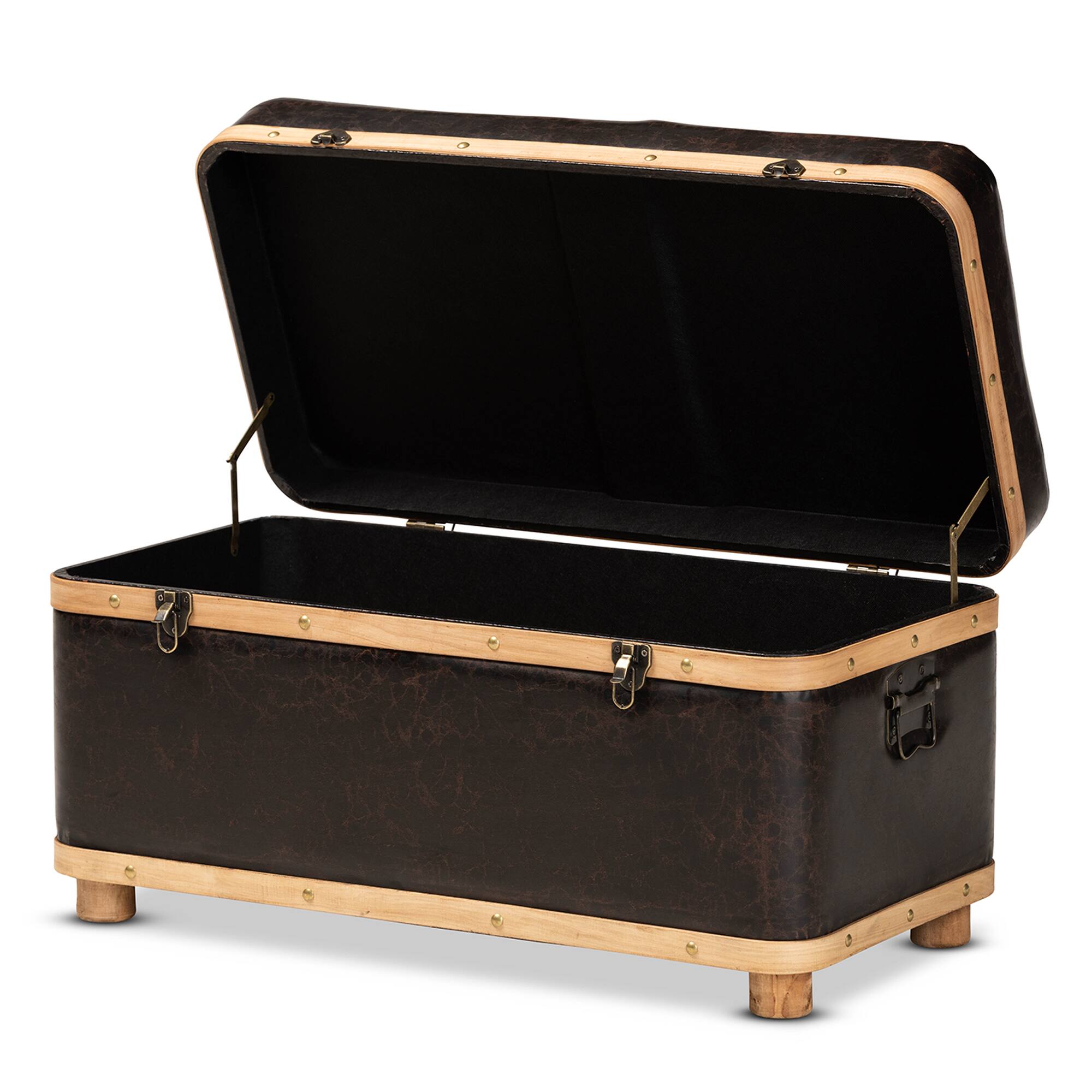 Angle. Baxton Studio - Gendry Modern Rustic Transitional Faux Leather Upholstered and Oak Brown Finished Wood Large Storage Ottoman - Dark Brown/Oak Brown.