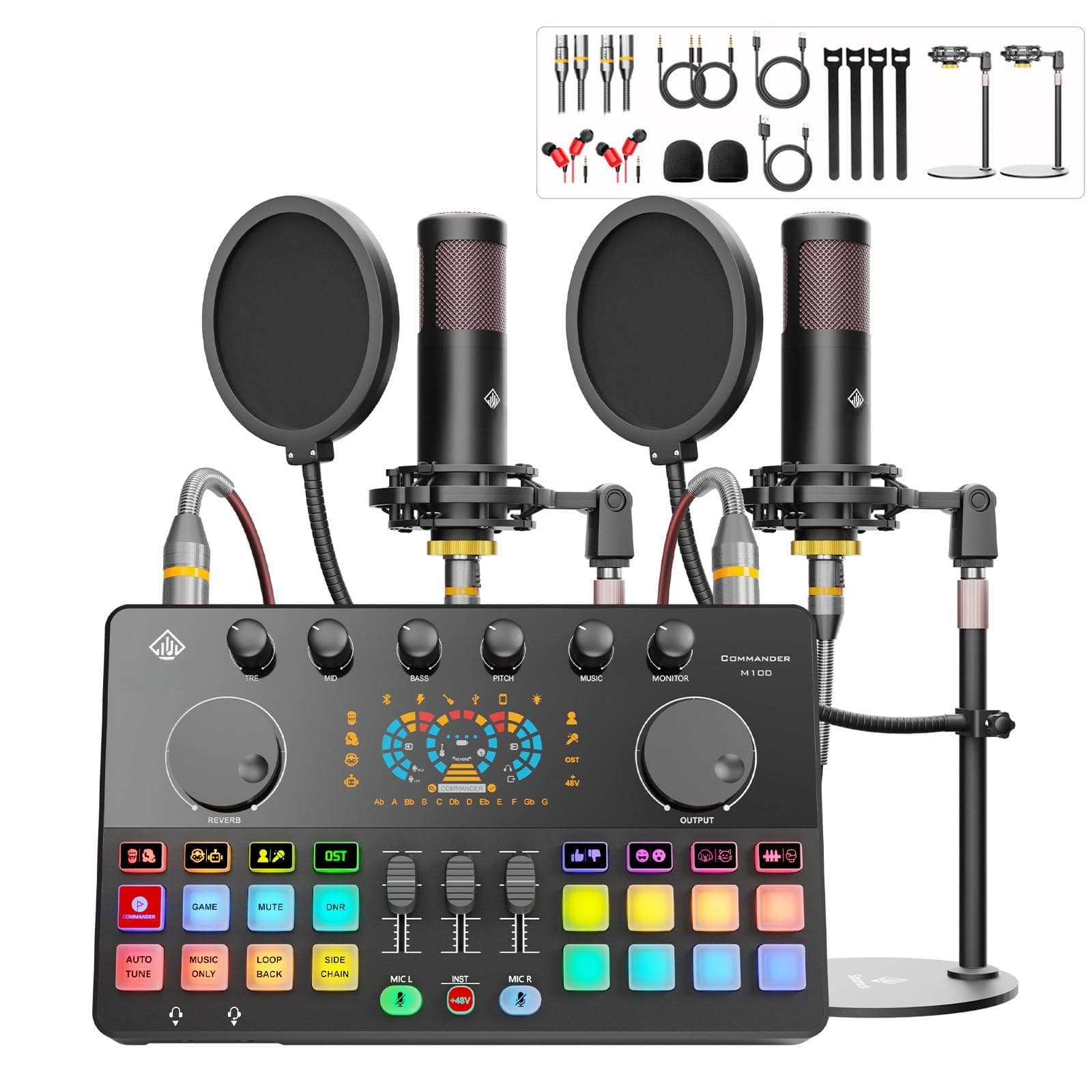 Reds Spade - Podcast bundle for with dual xlr condenser micophones mic pop filters audio live streaming recording online - ST-M100-2C(Red)