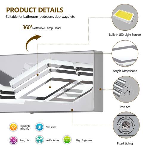 PRODUCT DETAILS  
Suitable for bathroom, bedroom, doorways, etc  
360° Rotatable Lamp Head  
Built-in LED Light Source  
Acrylic Lampshade  
Iron Art  
High Light Efficiency  
No Flicker  
Long Life  
No Radiation  
High Brightness  
Fixed Siding