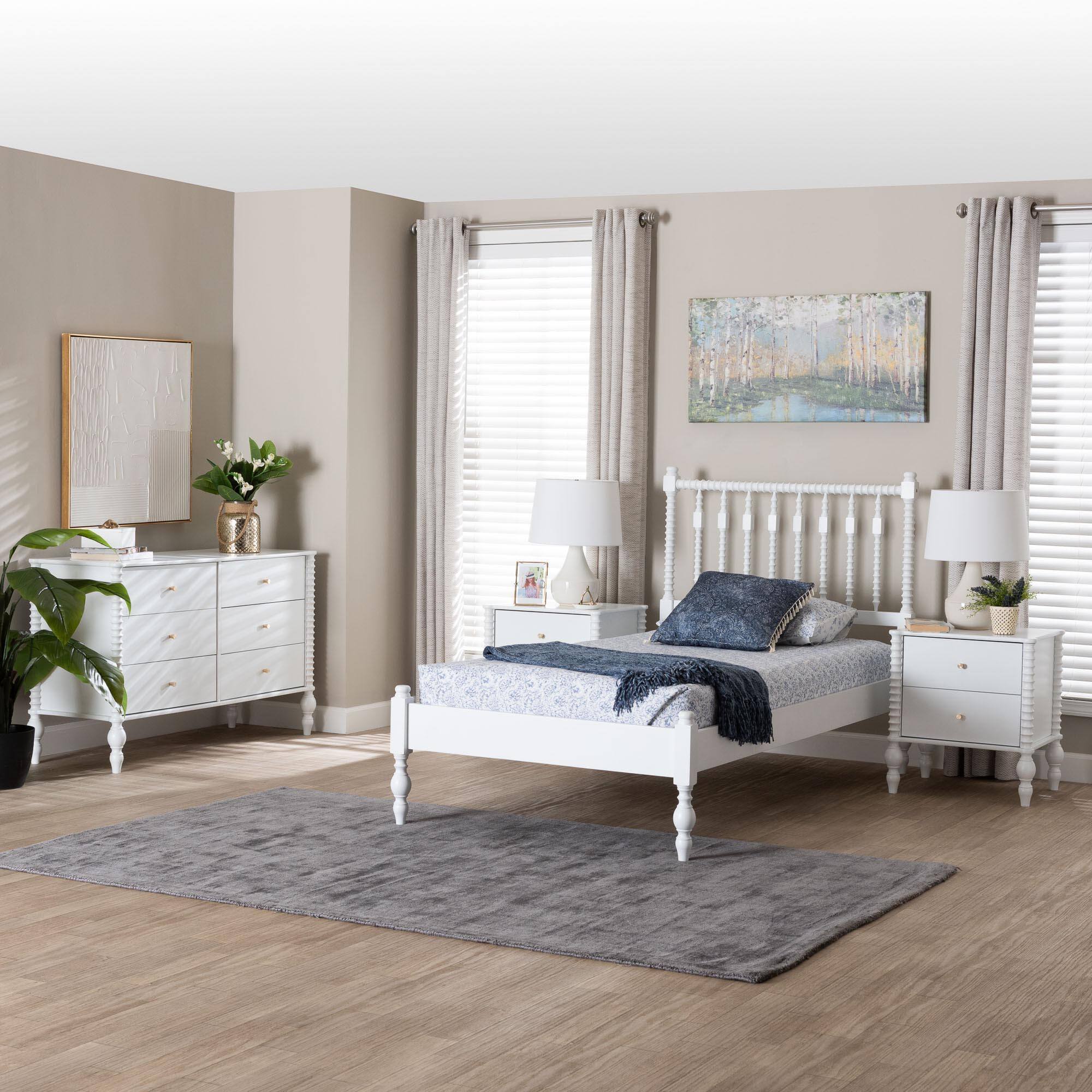 Alt View 7. Baxton Studio - Callison Spindle 4-Piece Bedroom Set - Platform Bed with Matching Dresser and 2-Drawer Nightstands, Twin - White.