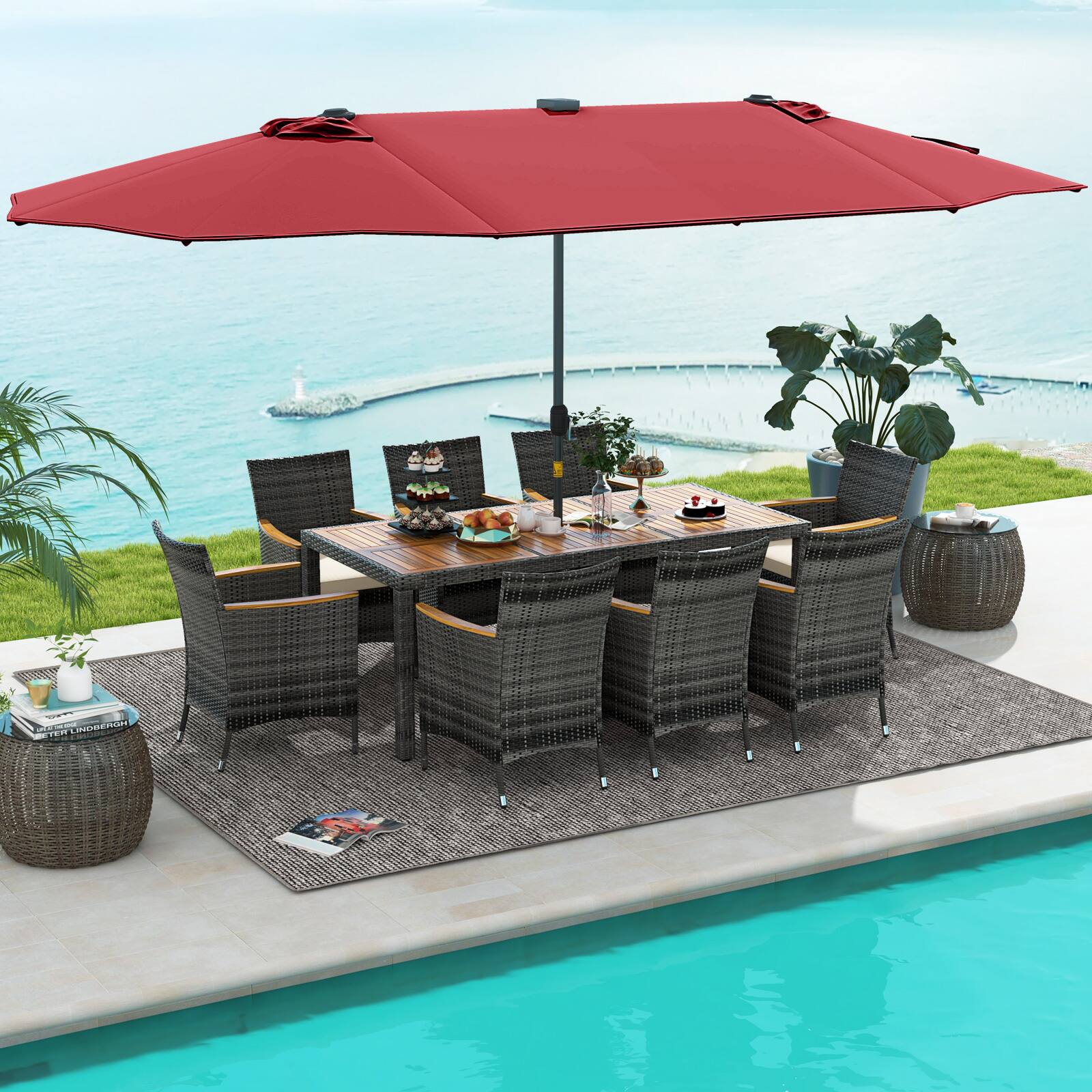 Alt View 1. Costway - 11 PCS Patio Dining Set with 15 ft Double-Sided Patio Umbrella 8 Armchairs - Mix Gray,Beige,Wine.