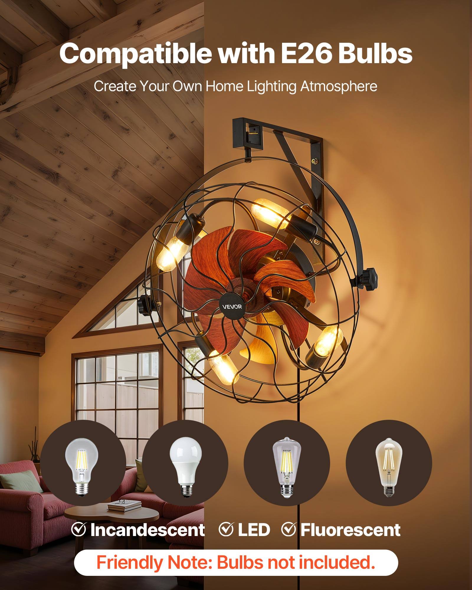 Compatible with E26 Bulbs  
Create Your Own Home Lighting Atmosphere  

Incandescent  
LED  
Fluorescent  

Friendly Note: Bulbs not included.