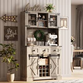 Babevy - 72" Farmhouse Bar Cabinet with Sliding Barn Door, Storage Hutch, Wine/Glasses Rack & 3 Drawers - Gray