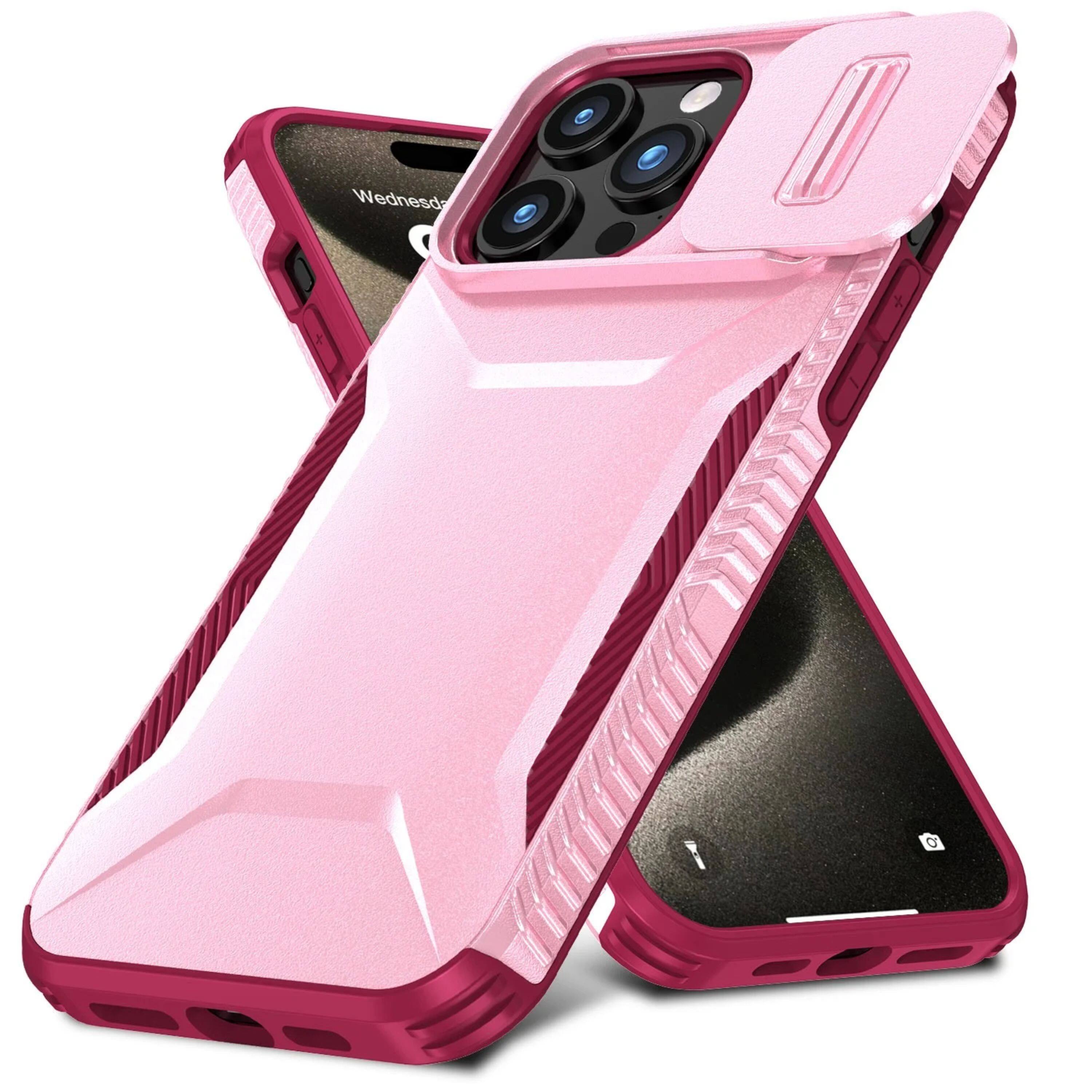 Angle. Kitcheniva - Rugged Sliding Lens Cover Case With Tempered Glass For iPhone 15 Pro Max Pink/Burgundy - Pink and Teal.