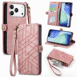 Dteck - Magnetic Wallet Case For Apple iPhone 18 Pro, Shockproof Zipper Kickstand Card Holder with Lanyard Flip Cover - Pink