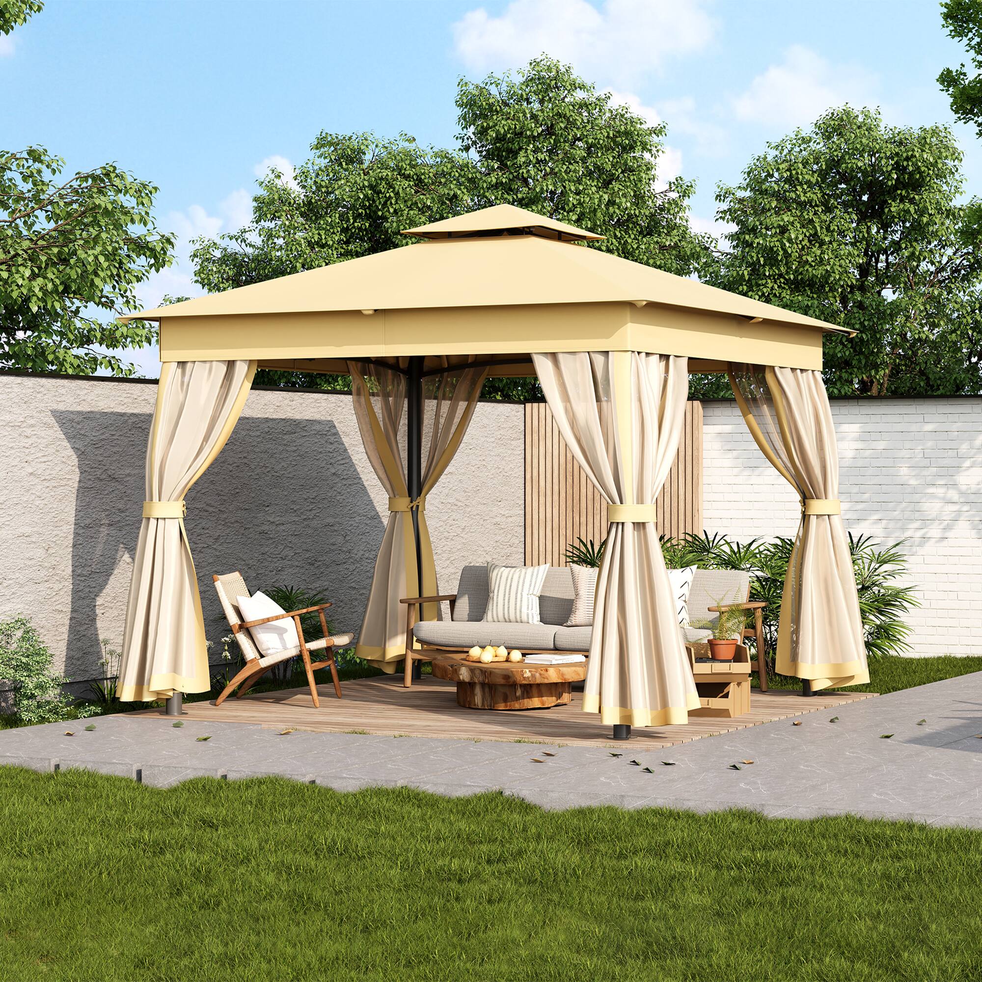 Front. APRILSOUL - TREXM 10x10 Outdoor Gazebo Tent Double Roofs Patio Gazebo Mosquito Netting Canopy Backyard Garden Beige - Beige.