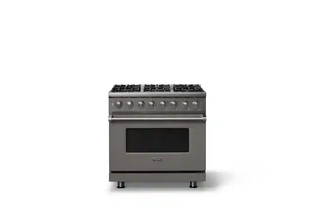 Front. Viking - 36 in. Wide 6 Burner Pro 5 Series 5.6 Cu. Ft. Freestanding Sealed LP Dual Fuel Convection Range - Damascus Gray - Damascus Gray.