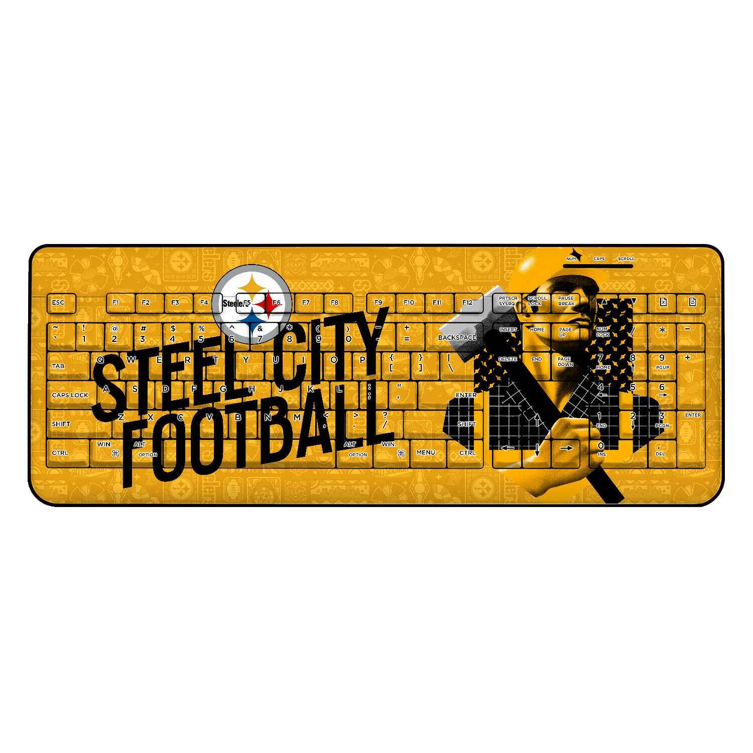 Sure, here is the corrected and grouped text from the image:

---

STEEL CITY  
FOOTBALL

---

The text is part of a keyboard design featuring the Pittsburgh Steelers logo and a football player.