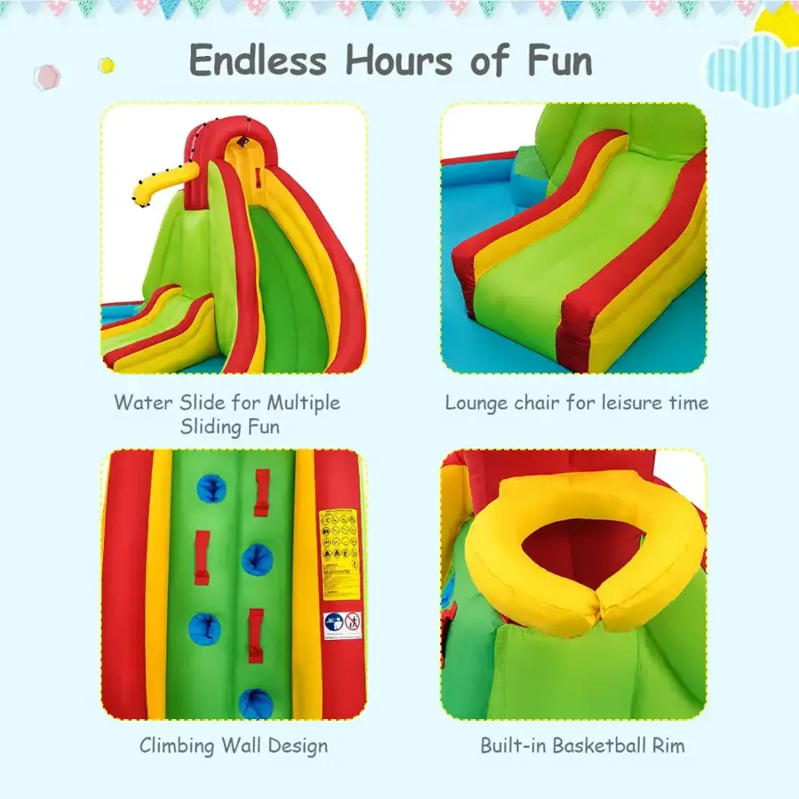 Endless Hours of Fun:

1. Water Slide for Multiple Sliding Fun
2. Lounge Chair for Leisure Time
3. Junior Climbing Wall Design
4. Built-in Basketball Rim