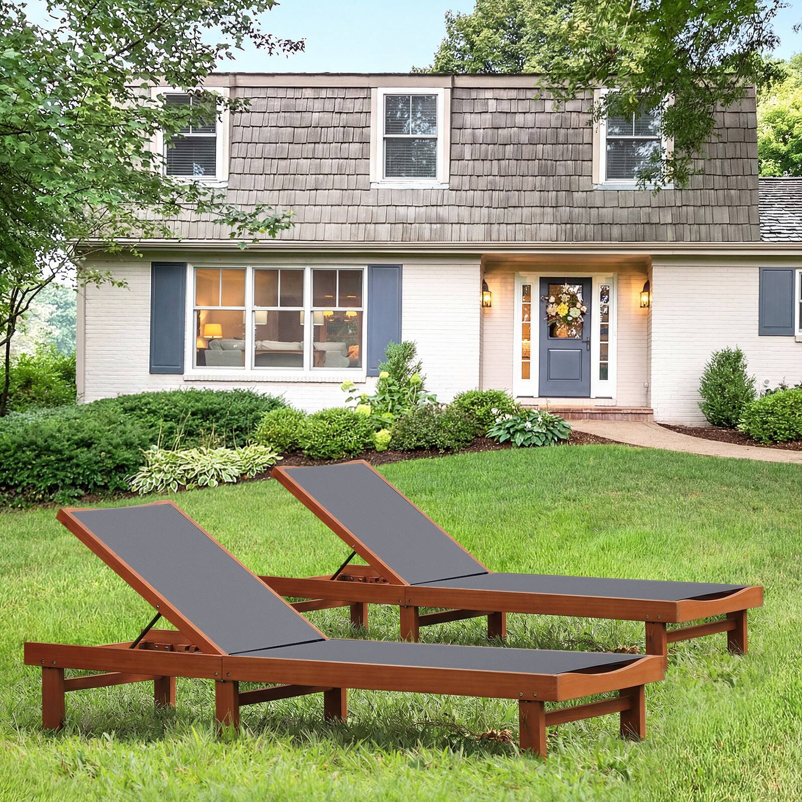 Alt View 4. Costway - Costway Patio Lounge Chair Chaise Solid Wood Back Adjustable Recliner Deck Furniture - Gray.