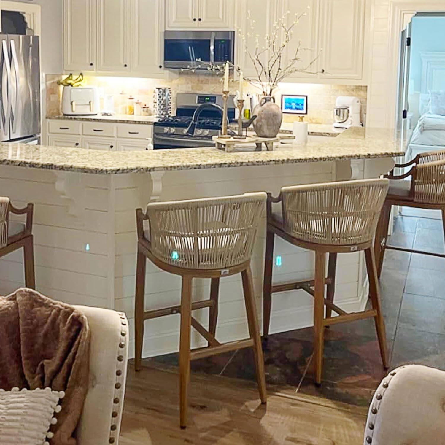 Alt View 3. PURPLE LEAF - Patio Bar Height Set of 2 Outdoor Rattan Chairs with Back Modern Aluminum Woven Barstools for Garden Indoor Kitchen - Teak-Bar Stool.