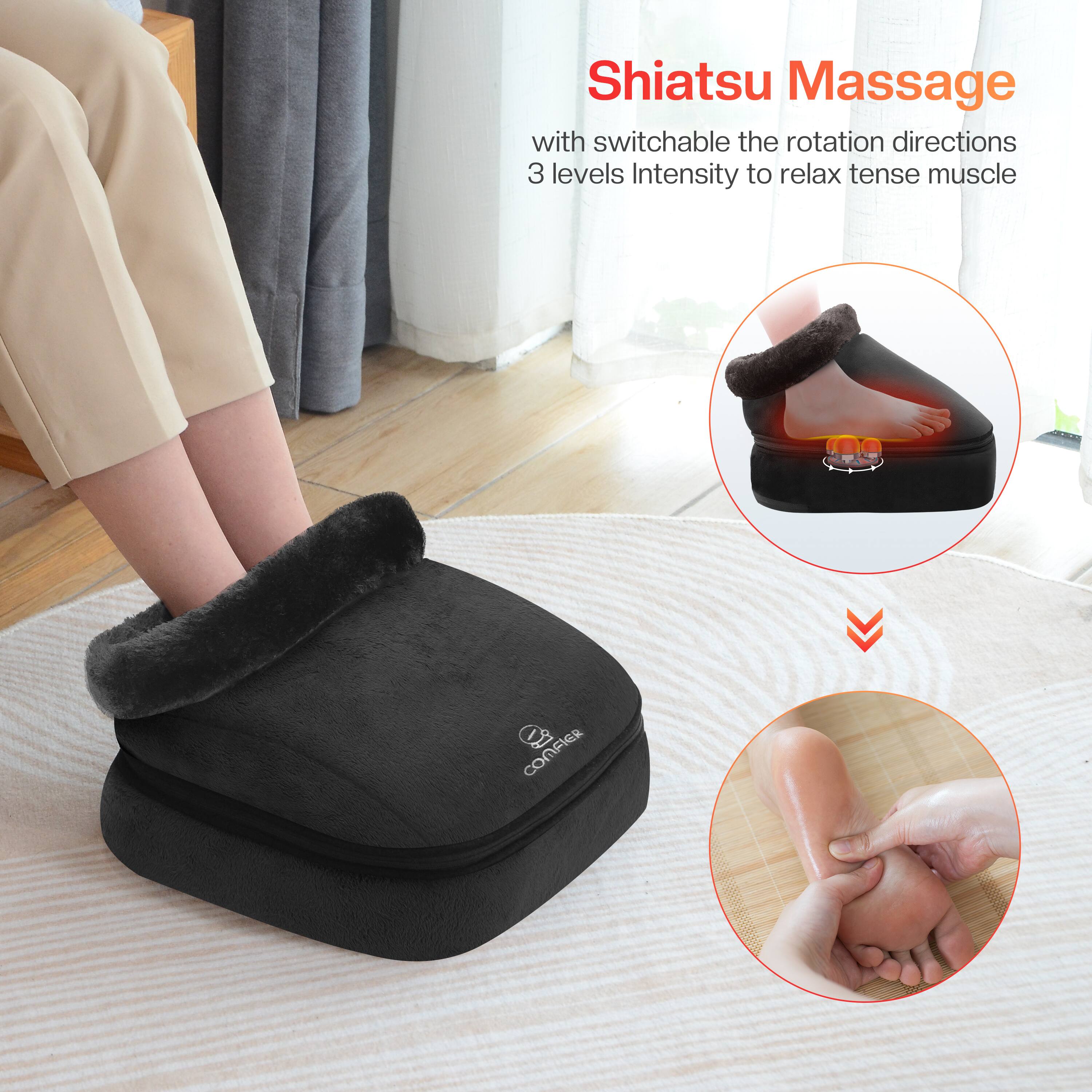 Shiatsu Massage with switchable rotation directions and 3 levels of intensity to relax tense muscles