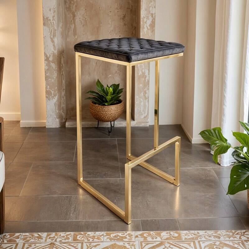 Angle. LeisureMod - Quincy Modern Quilted Leather Bar Stool with Gold Metal Frame Counter Height Chair for Kitchen and Counter Seating - Charcoal Black.