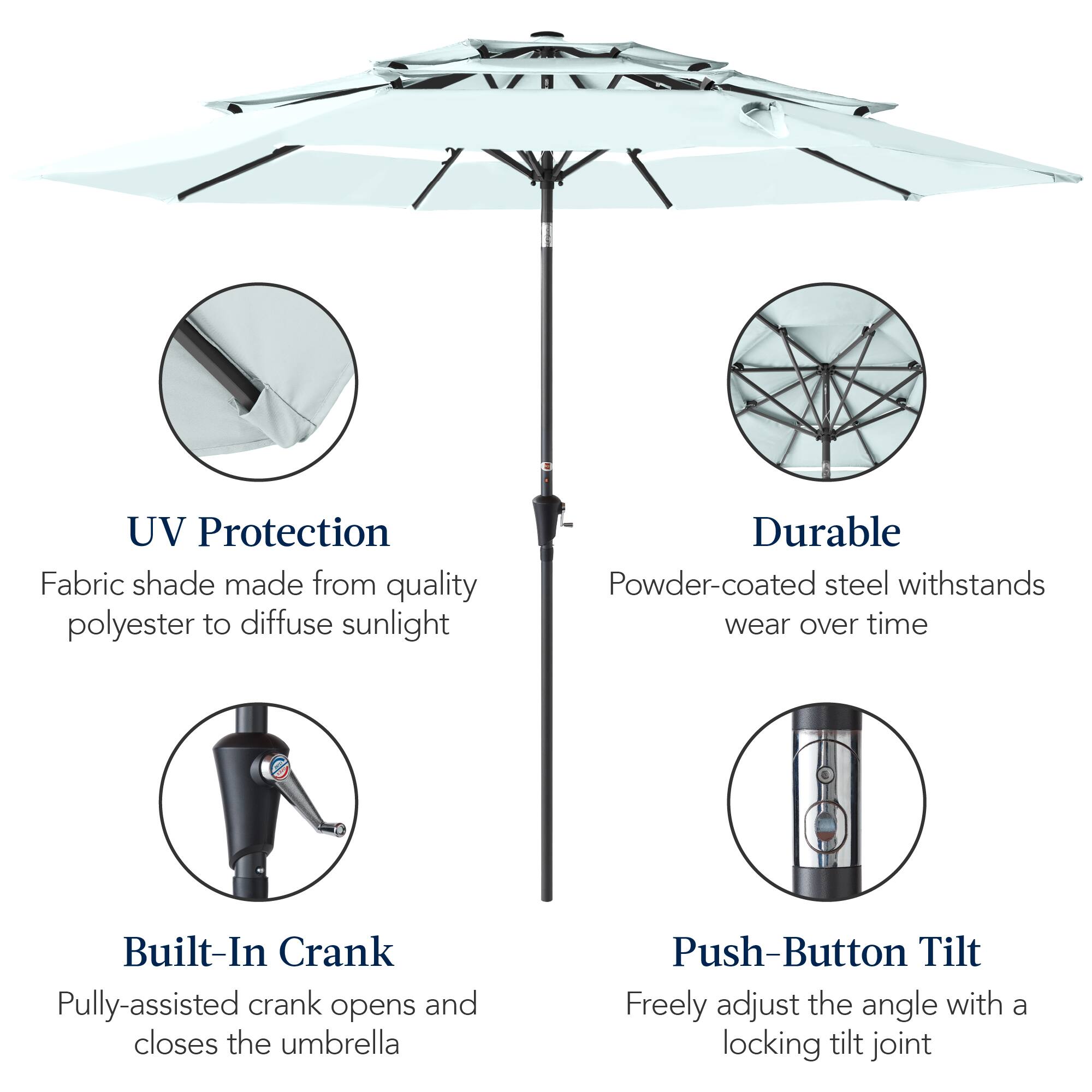 UV Protection Fabric shade made from quality polyester to diffuse sunlight. Durable Powder-coated steel withstands wear over time. Built-In Crank: Pulley-assisted crank opens and closes the umbrella. Push-Button Tilt: Freely adjust the angle with a locking tilt joint.