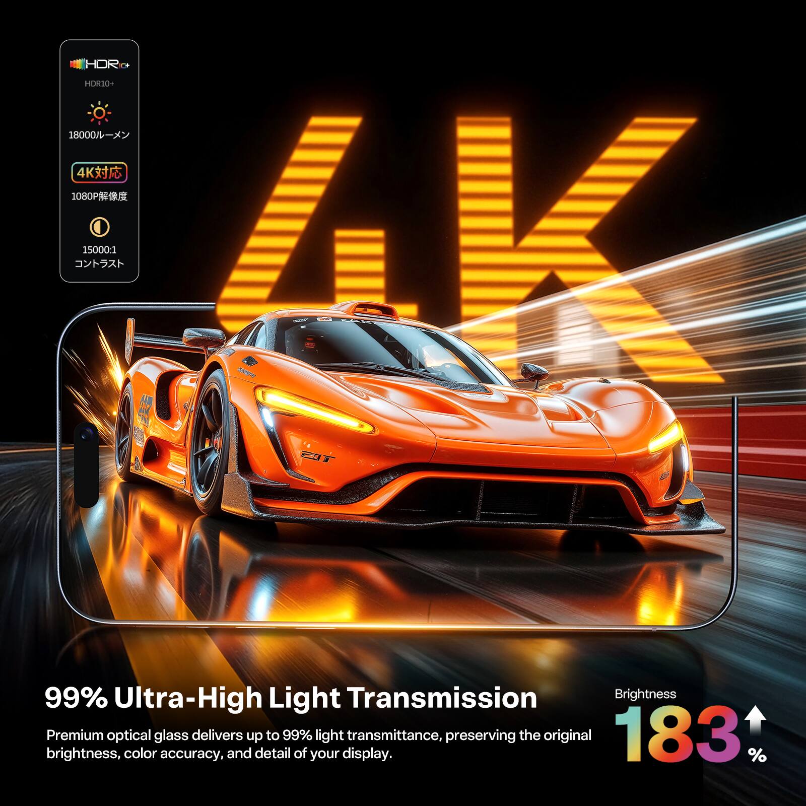 HOR HDR10+ 18000 4K 1080P 15000-1 A - PIT 99% Ultra-High Light Transmission Brightness, Premium optical glass delivers up to 99% light transmittance, preserving the original brightness, color accuracy, and detail of your display.