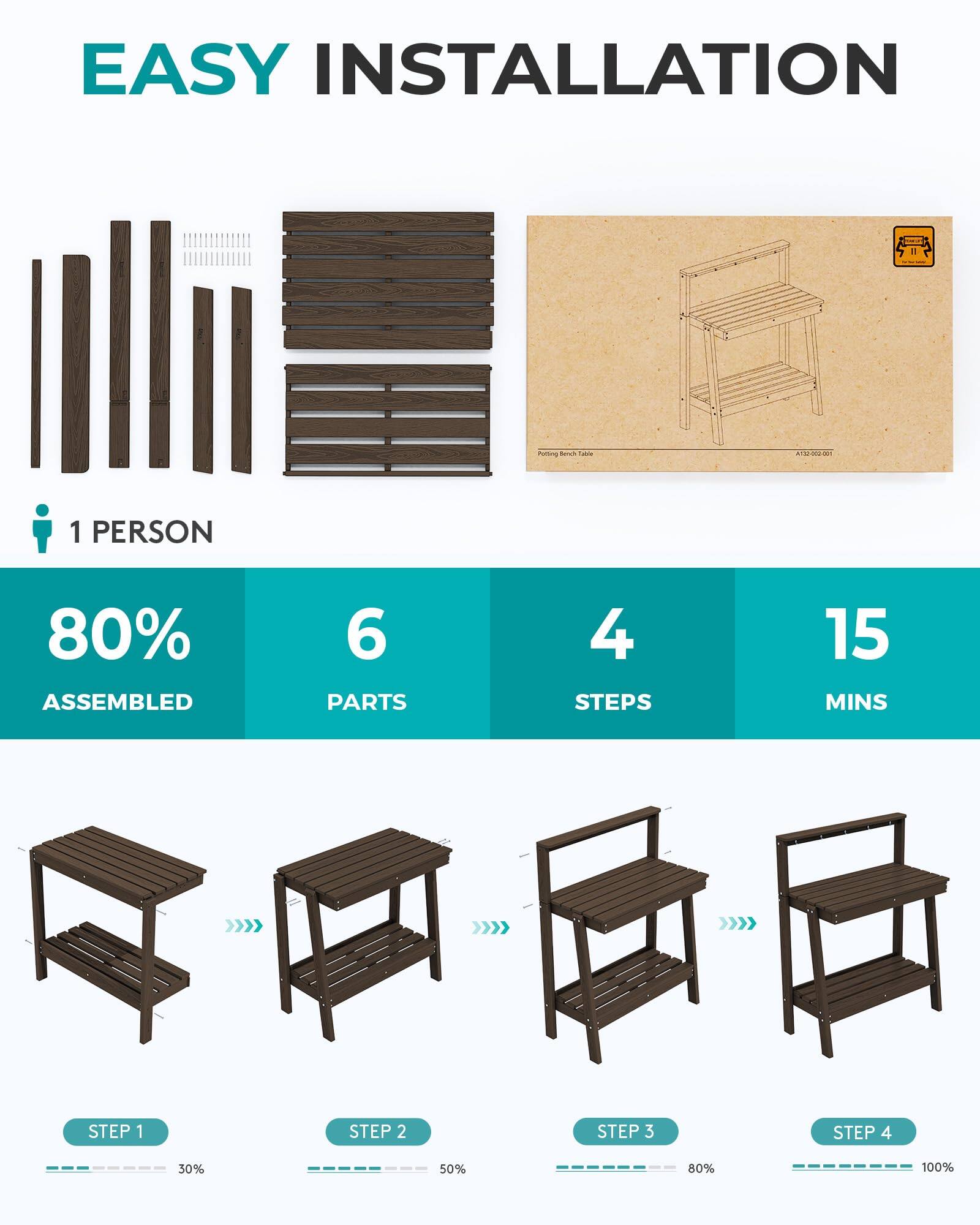 EASY INSTALLATION

1 PERSON
80% ASSEMBLED
6 PARTS
4 STEPS
15 MINS

STEP 1 30%
STEP 2 50%
STEP 3 80%
STEP 4 100%