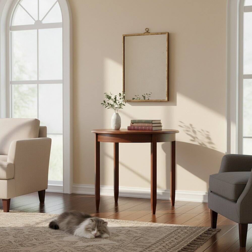 Alt View 2. FurniFact - Solid Wood Half Moon Table in Antique Walnut Finish - Walnut.