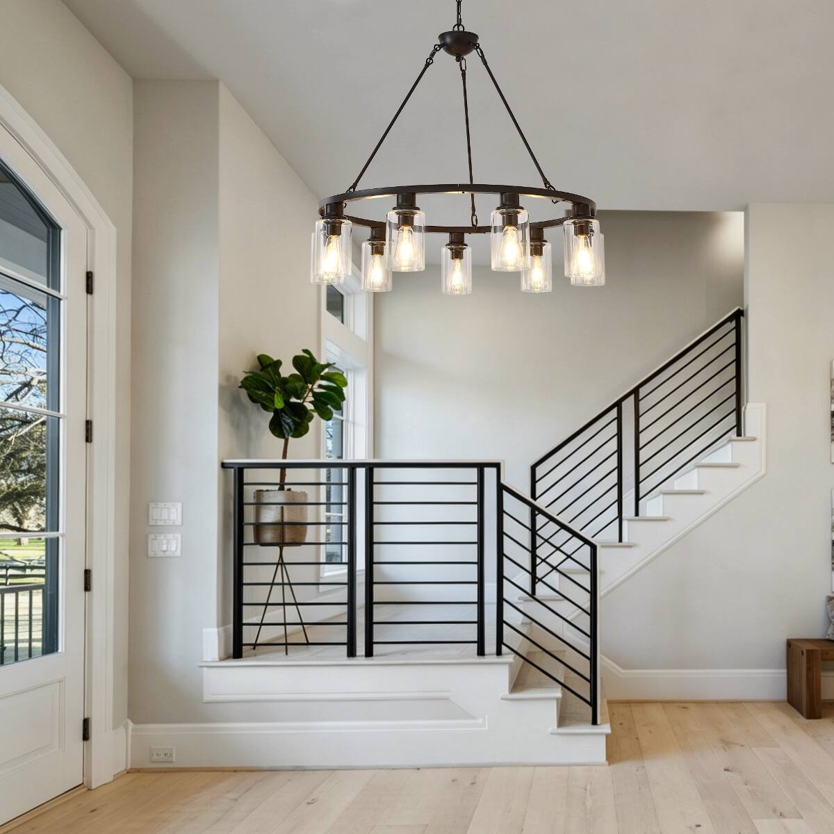 Alt View 3. Loheer - Loheer 9 Light Wagon Wheel Chandelier Modern Farmhouse Brown Metal Dining Room Pendant.