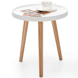 Ecooso - Mid Century Round Coffee End Side Table with Detachable Wooden Tray, Beside Table for Sofa - White