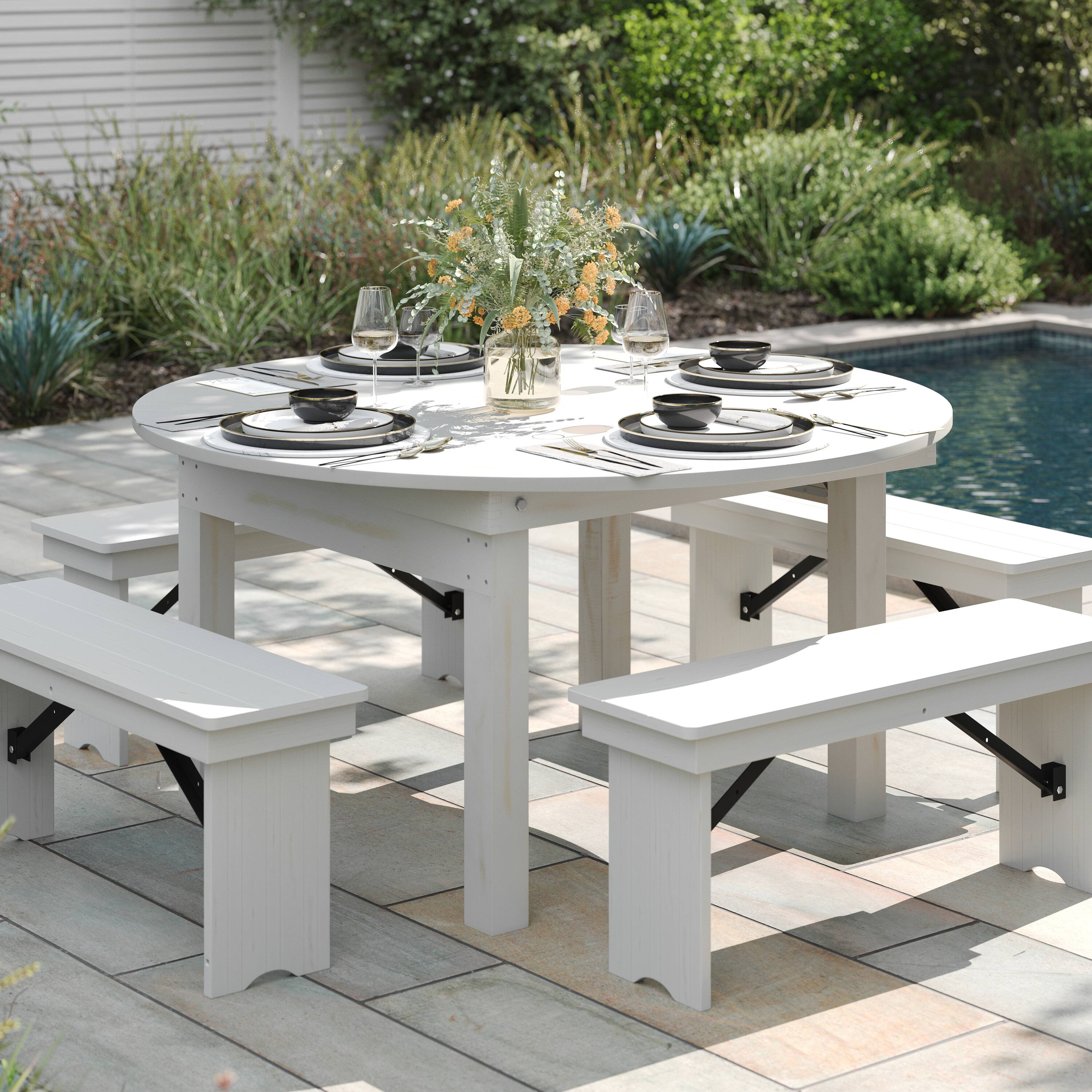 Alt View 2. Flash Furniture - HERCULES 60" Round White Commercial Farmhouse Folding Table, Antique Rustic Solid Pine Dining Room Table with Foldable L - White.