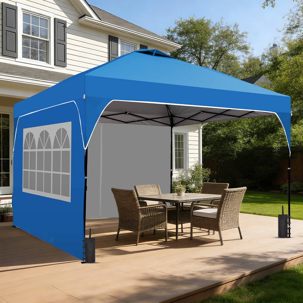Left. Ainfox - Ainfox 8x8 FT Pop up Canopy Tent Shelter with 1-Button Push,4 Removable Sidewalls & Sandbags for Outdoor Events - Blue.