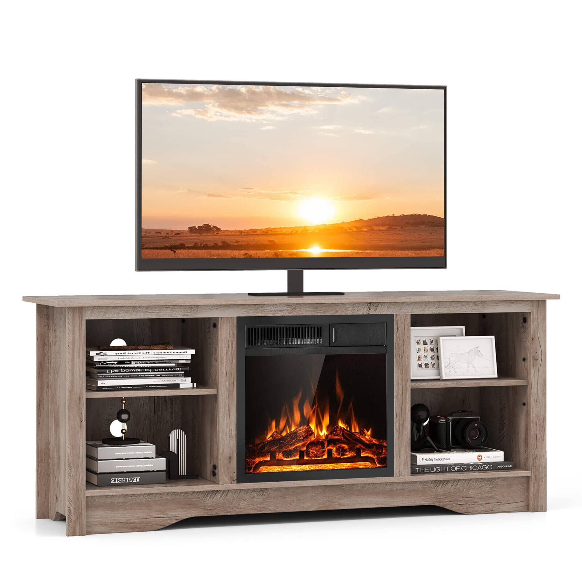 Gymax - 58'' TV Stand w/ 18'' Electric Fireplace Heater 750W/1500W & Remote for 65'' TV - Gray