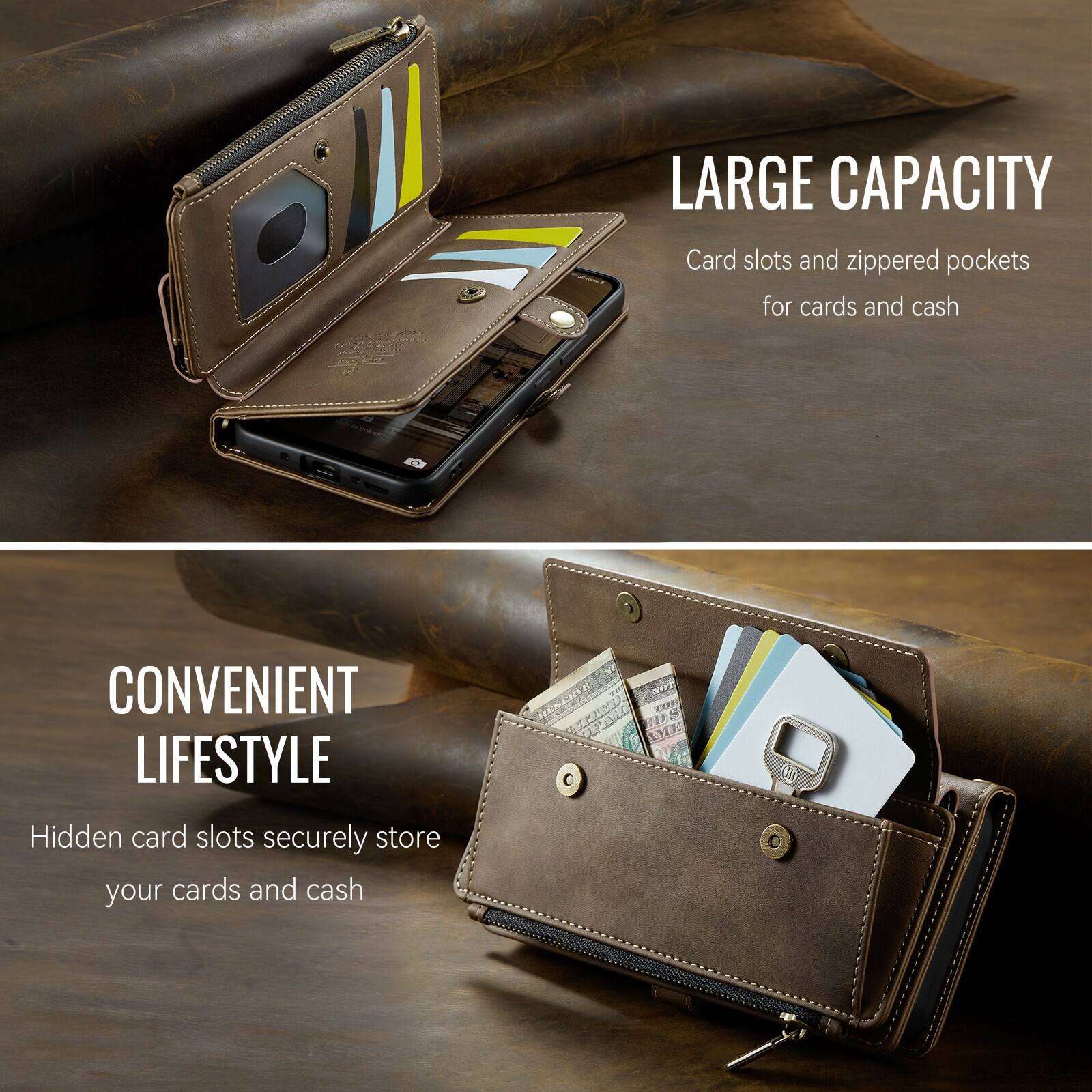 LARGE CAPACITY  
Card slots and zippered pockets for cards and cash  

CONVENIENT LIFESTYLE  
Hidden card slots securely store your cards and cash
