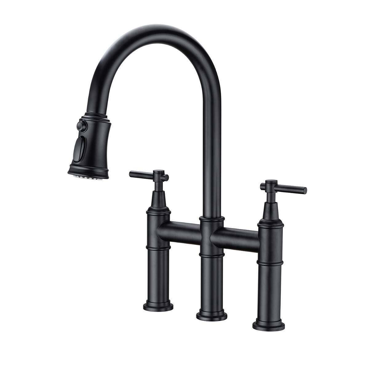 Left. Ropilly - Ropilly Bridge Kitchen Faucet with Pull Down Spray Head, Matte Black Finish, Dual Handle Brass Kitchen Faucet - Matte Black.