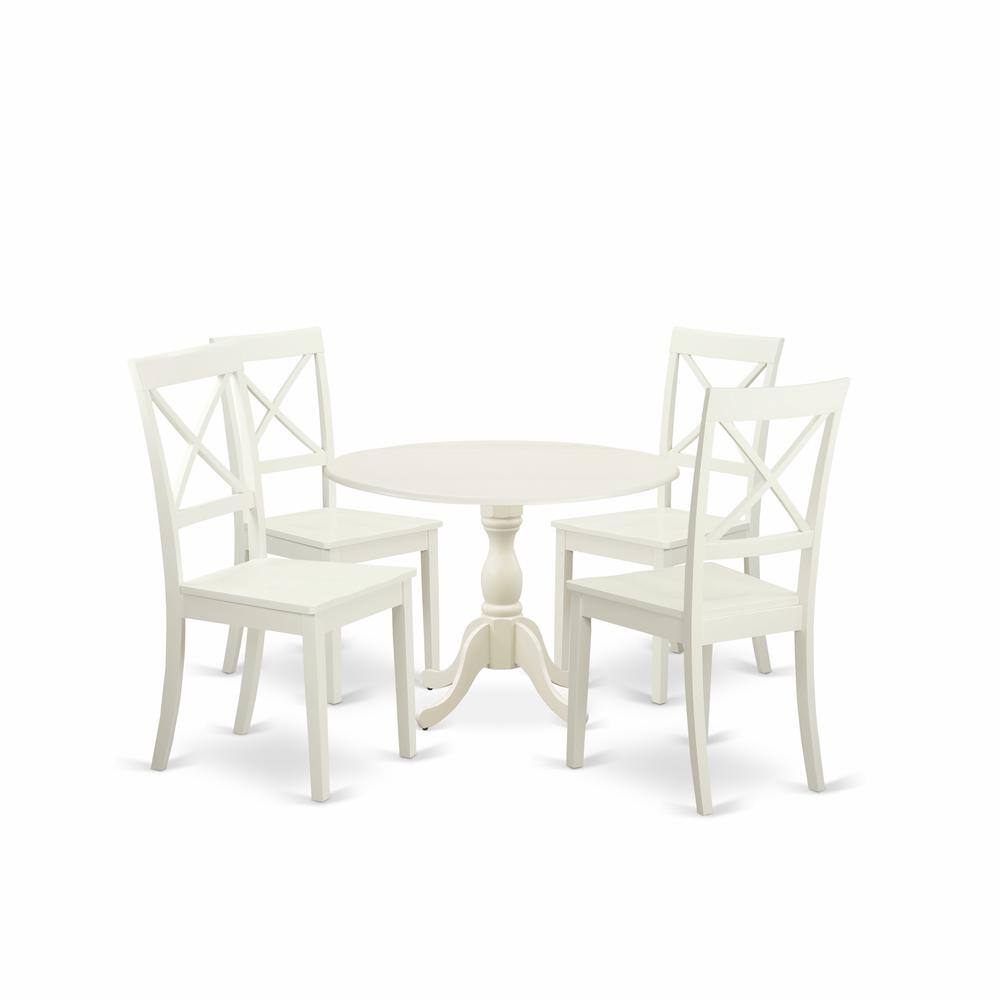 Left. East West Furniture - East West Furniture DMBO5-LWH-W 5 Piece Wood Dining Table Set Consists of 1 Drop Leaves Dining Table and 4 Linen White - Linen White.