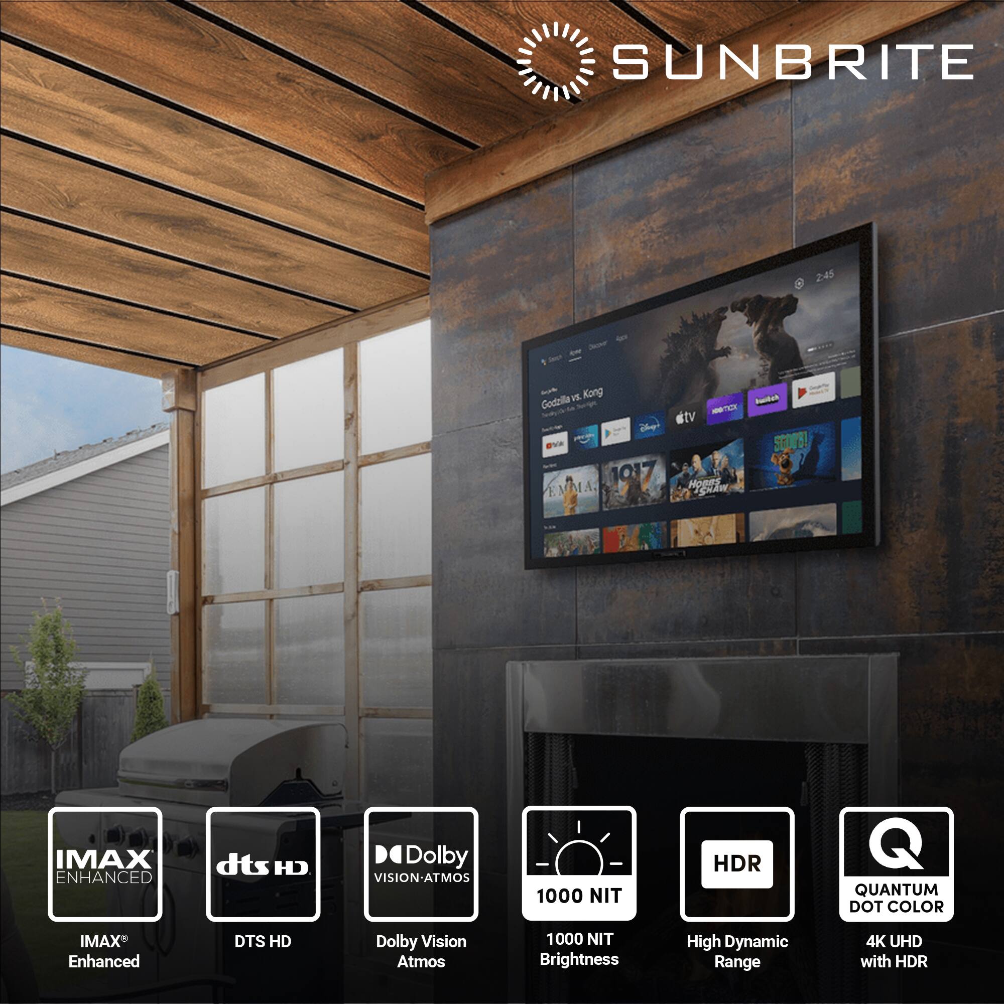 SUNBRITE 2:45 Kong Burdok Gedzlla - tv SCODEL A 1017 Hozas E EMMA CHAa IMAX ENHANCED dts HD Dolby VISION-ATMOS 1000 NIT HDR Q QUANTUM DOT COLOR IMAX Enhanced DTS HD Dolby Vision Atmos 1000 NIT Brightness High Dynamic Range 4K UHD with HDR