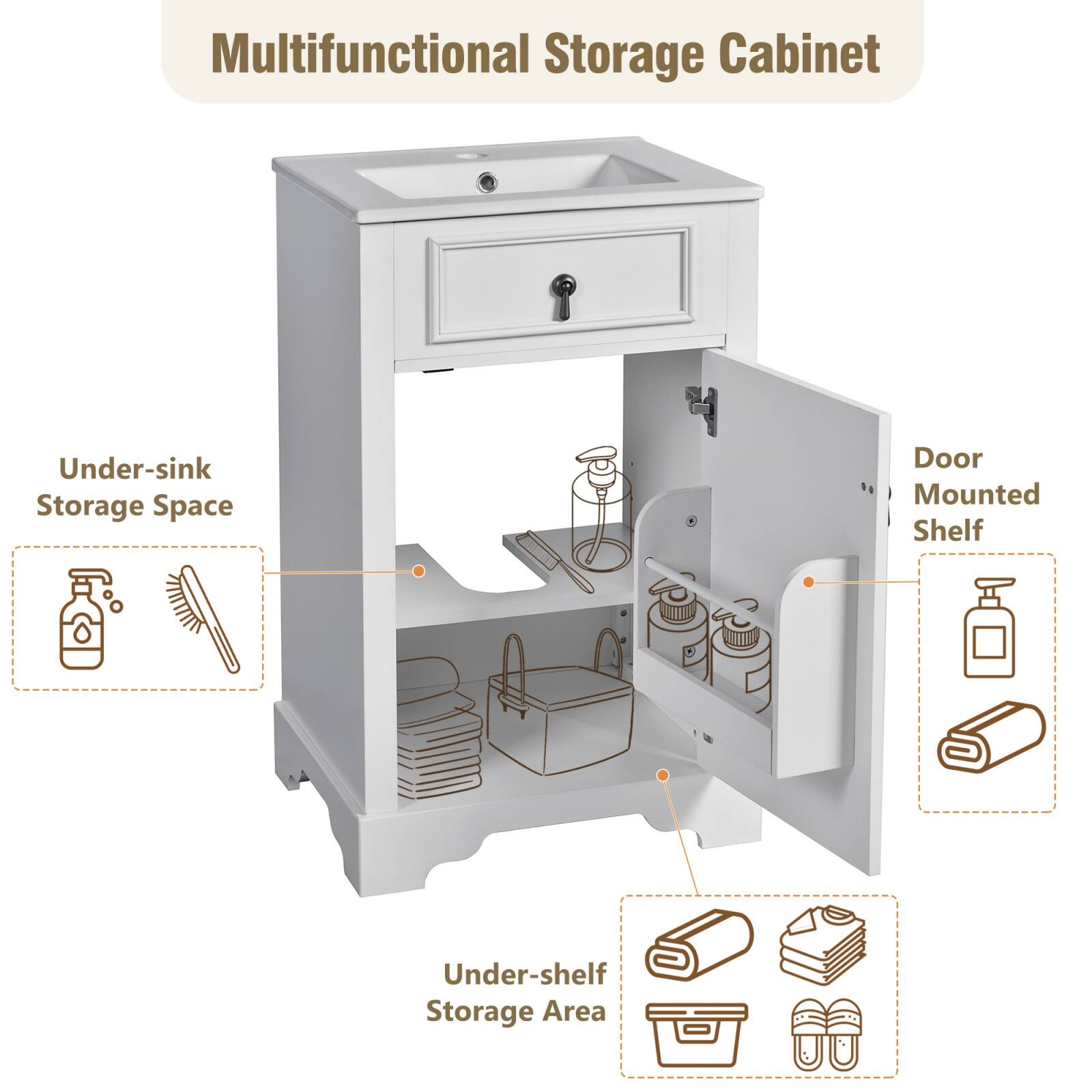 Multifunctional Storage Cabinet

- Under-sink Storage Space
- Door Mounted Shelf
- Under-shelf Storage Area