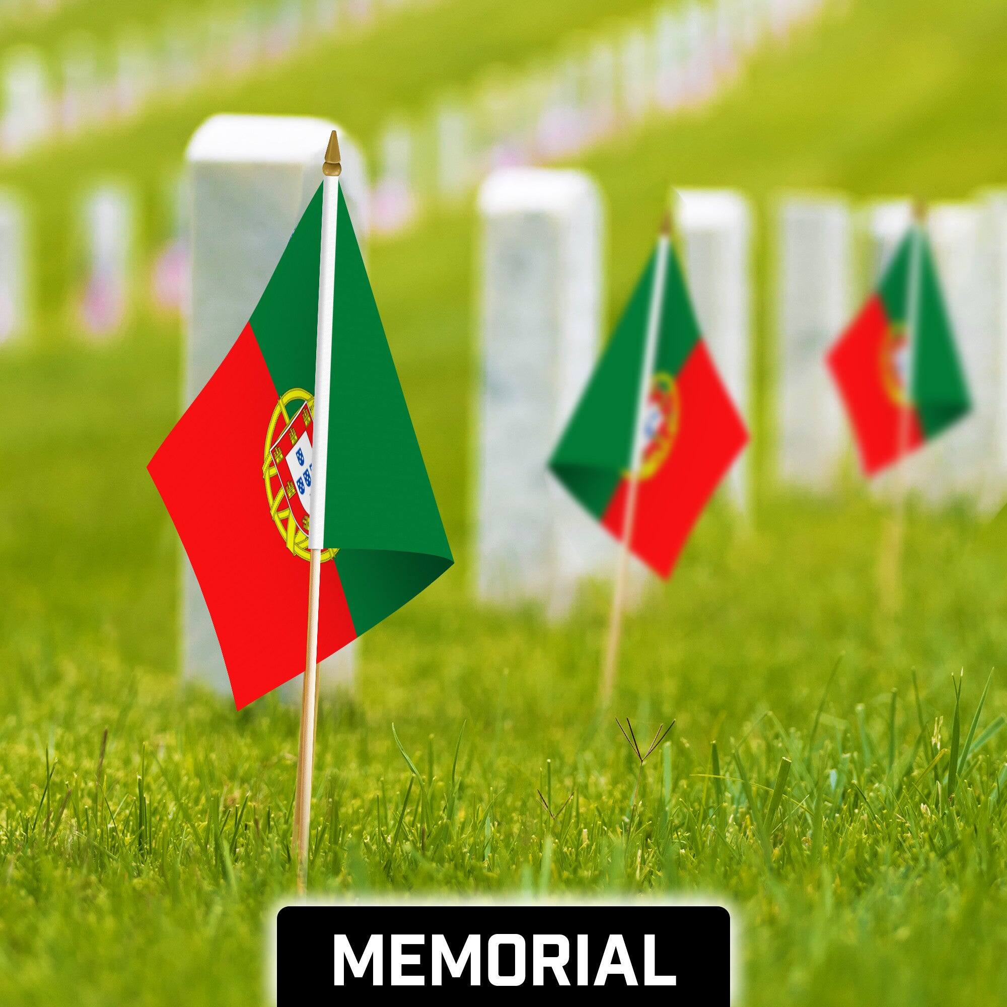 Back. G128 - 12 Pack Handheld Portugal Stick Flags, 12 x 18 in, 150D Polyester with Wooden Poles and Gold Spear Tips. - Assorted Colors.