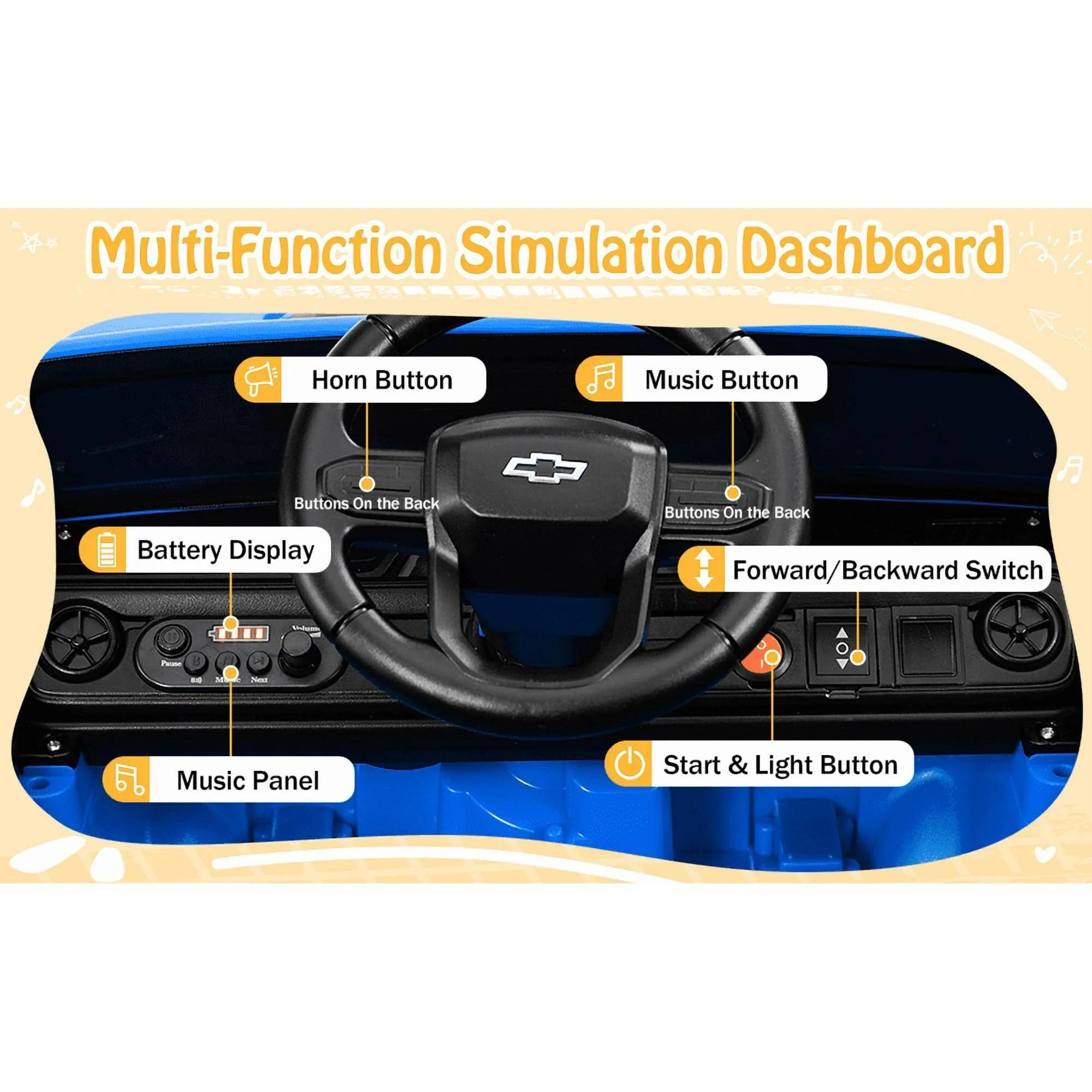 Multi-Function Simulation Dashboard

- Horn Button
- Music Button
- Battery Display
- Forward/Backward Switch
- Music Panel
- Start & Light Button

Buttons On the Back